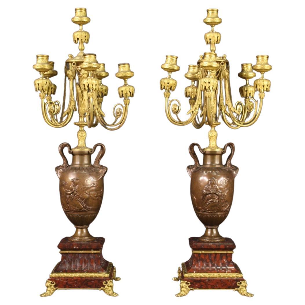 Pair of 19th Century Marble and Bronze French Ferdinand Barbedienne Candlesticks