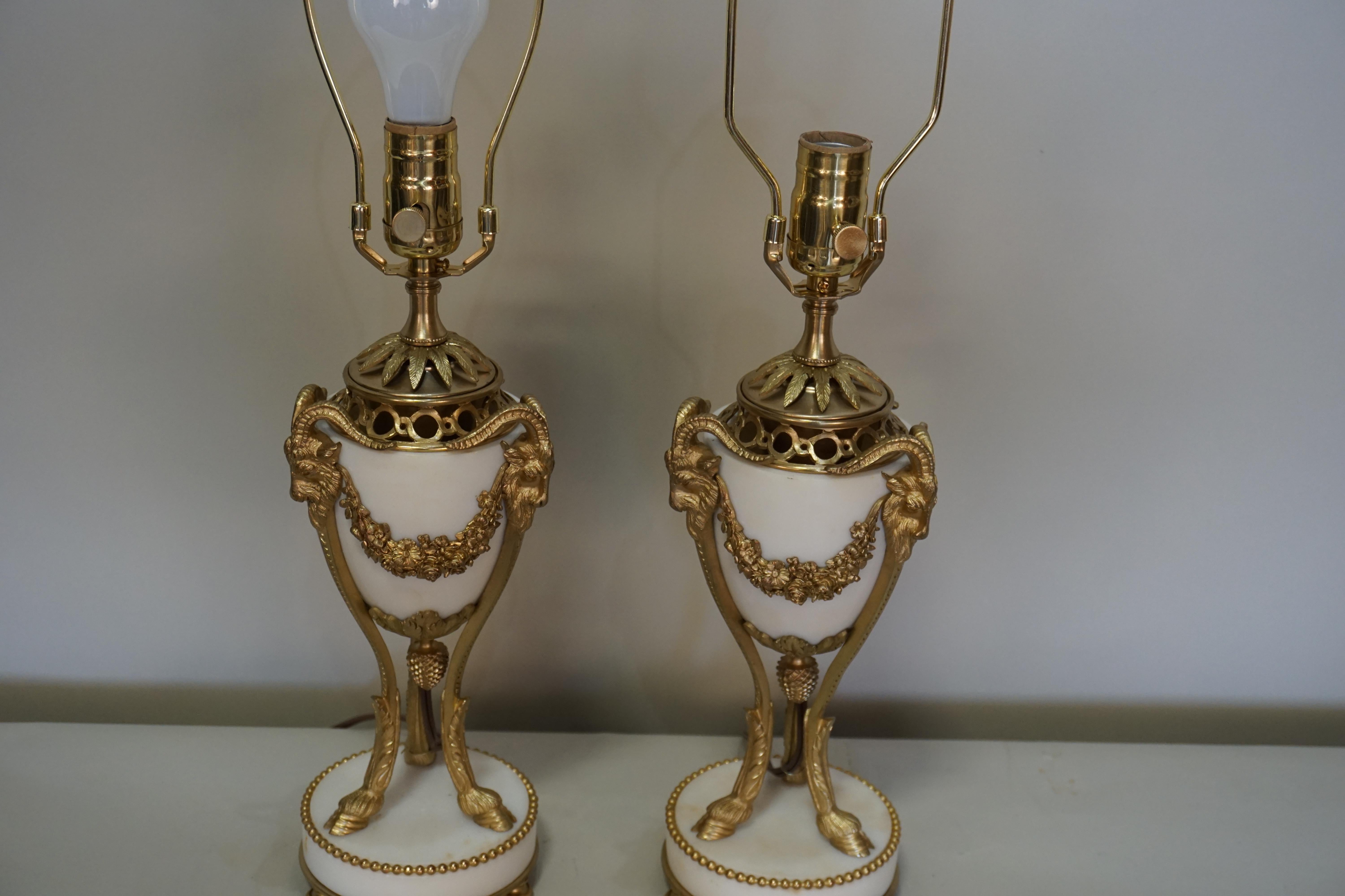 French Pair of 19th Century Marble and Bronze Lamps