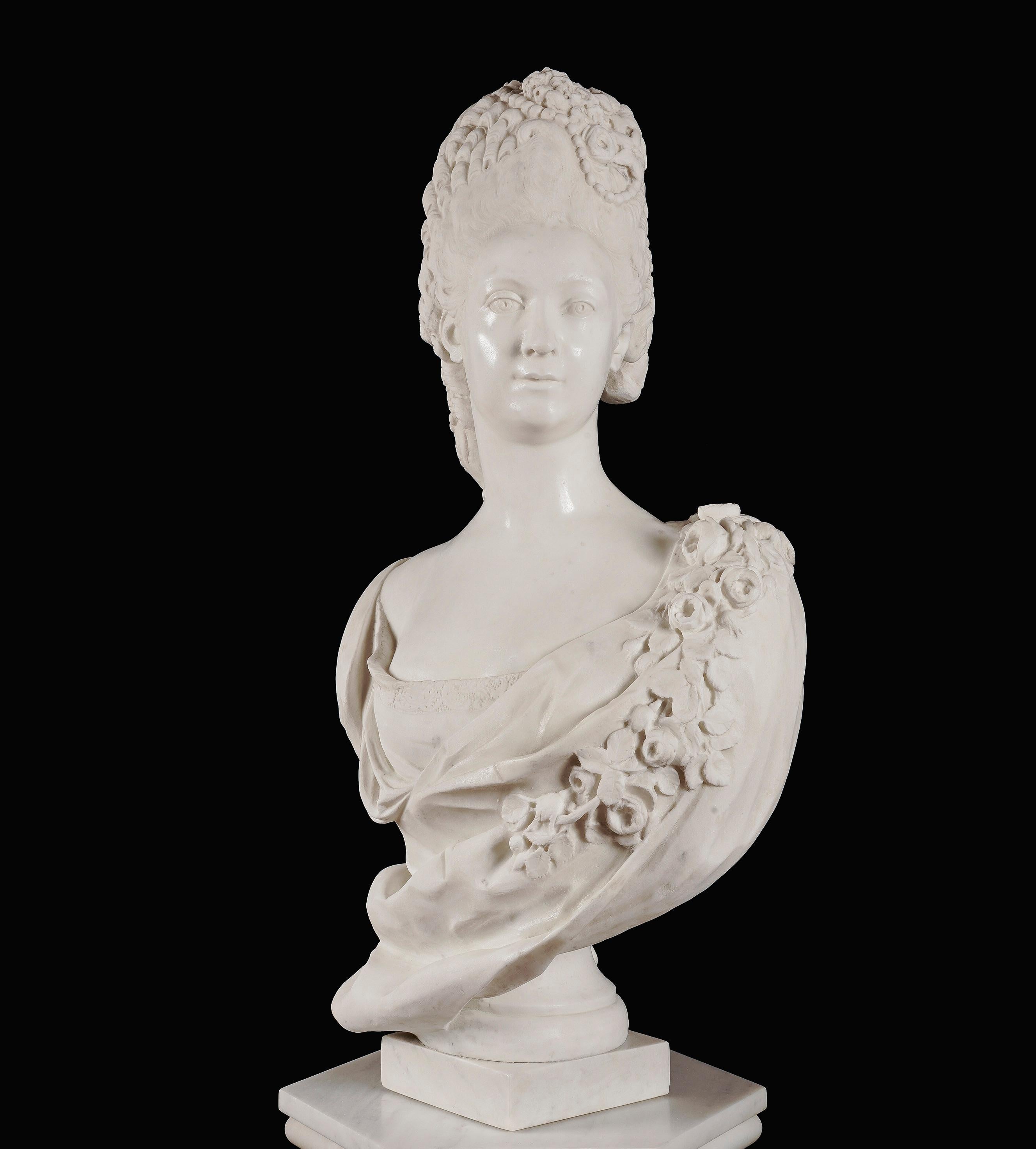 A pair of Royal Busts

Of Clotilde of France, Queen of Sardinia
And Marie Adélaïde of Savoy, Dauphine of France

Both noblewomen carved from marble and dressed in contemporary fashion, wearing luxurious flowing garments, their hair coiffed,