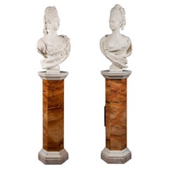 Pareja de bustos de mármol del siglo XIX de personajes reales franceses sobre pedestales de mármol