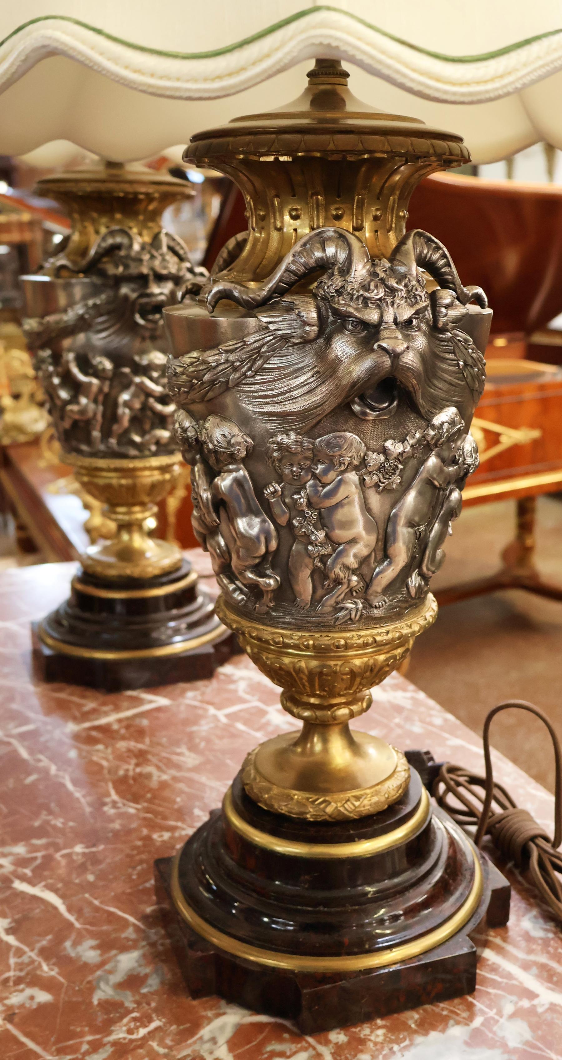Pair of 19th Century Marble & Silvered Bronze French Bacchus Lamps After Clodion For Sale 5