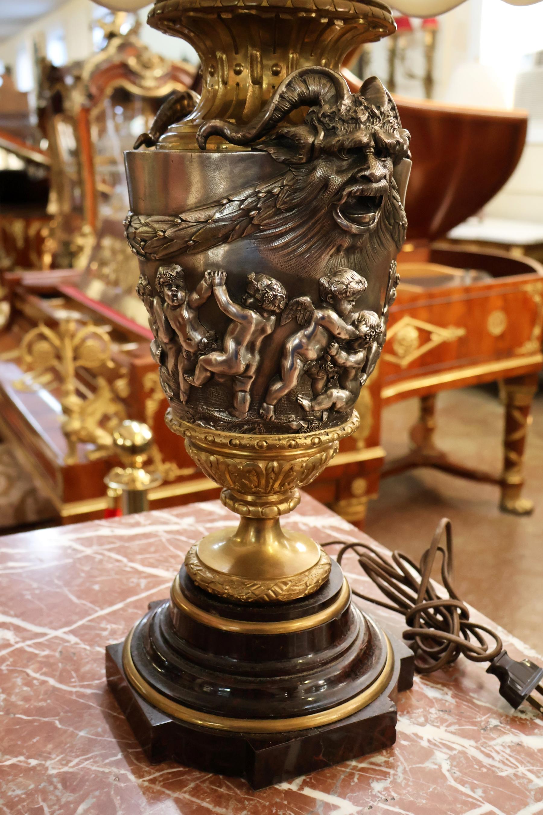 Pair of 19th Century Marble & Silvered Bronze French Bacchus Lamps After Clodion For Sale 6