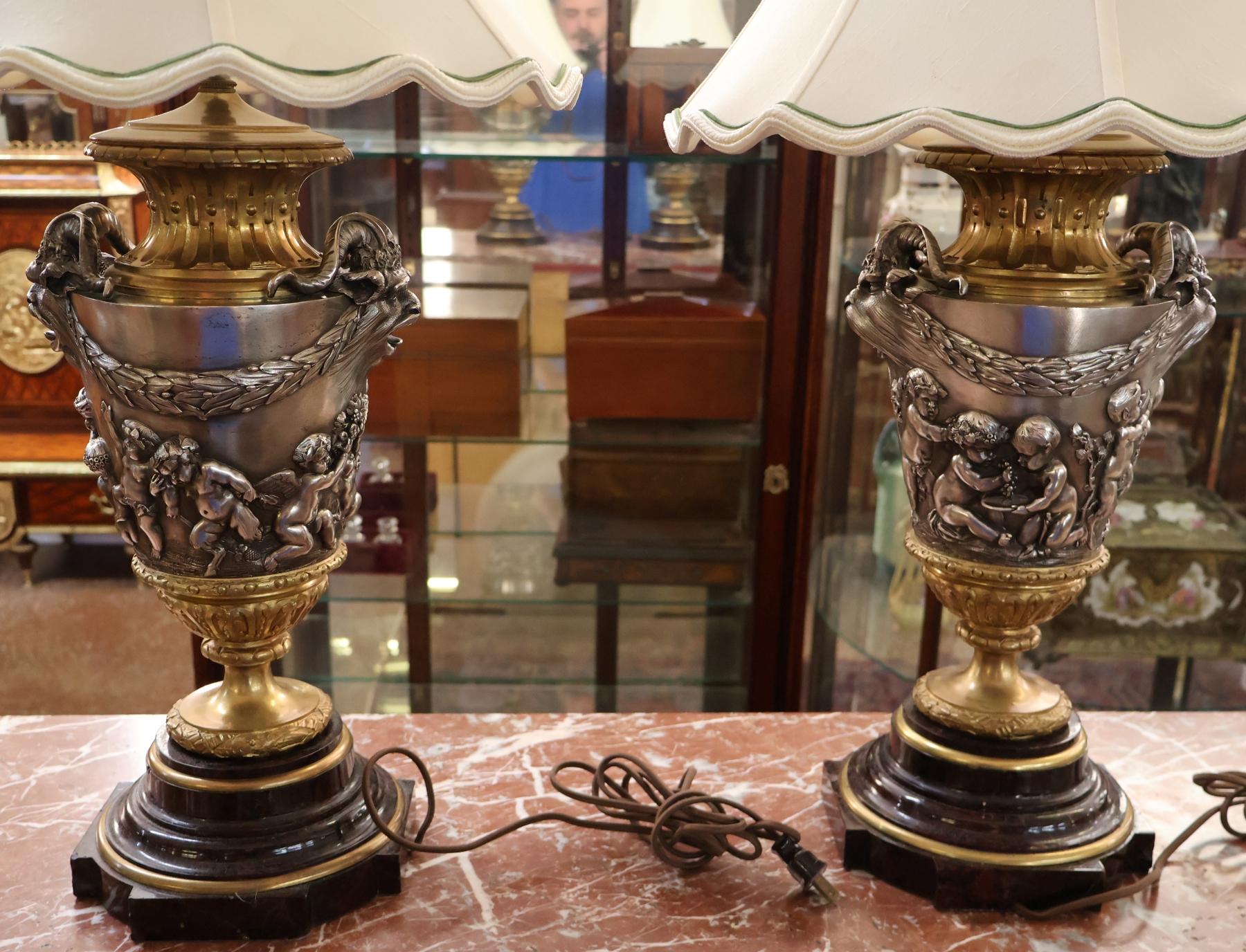 Pair of 19th Century Marble & Silvered Bronze French Bacchus Lamps After Clodion For Sale 7