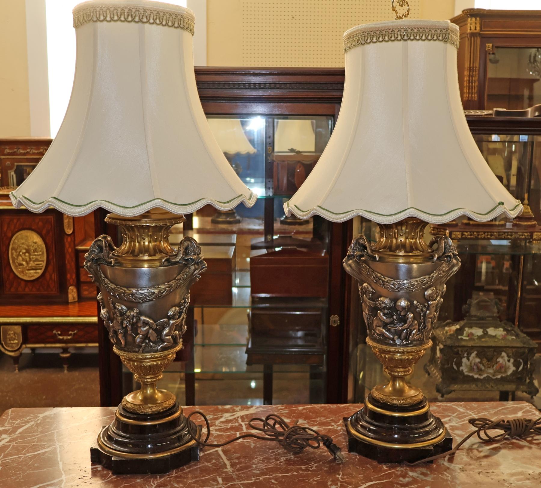 Pair of 19th Century Marble & Silvered Bronze French Bacchus Lamps After Clodion For Sale 8