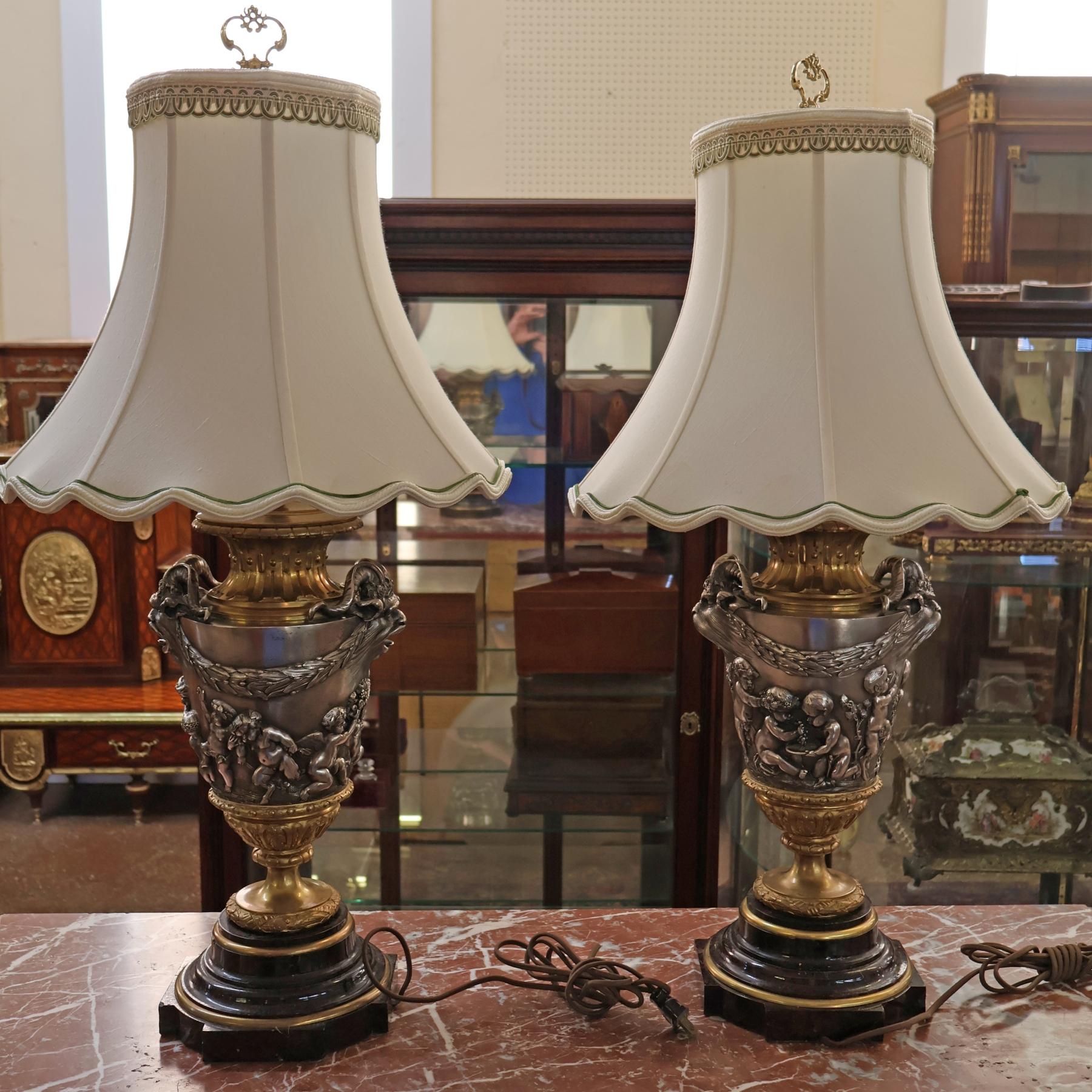 Pair of 19th Century Marble & Silvered Bronze French Bacchus Lamps After Clodion For Sale 9