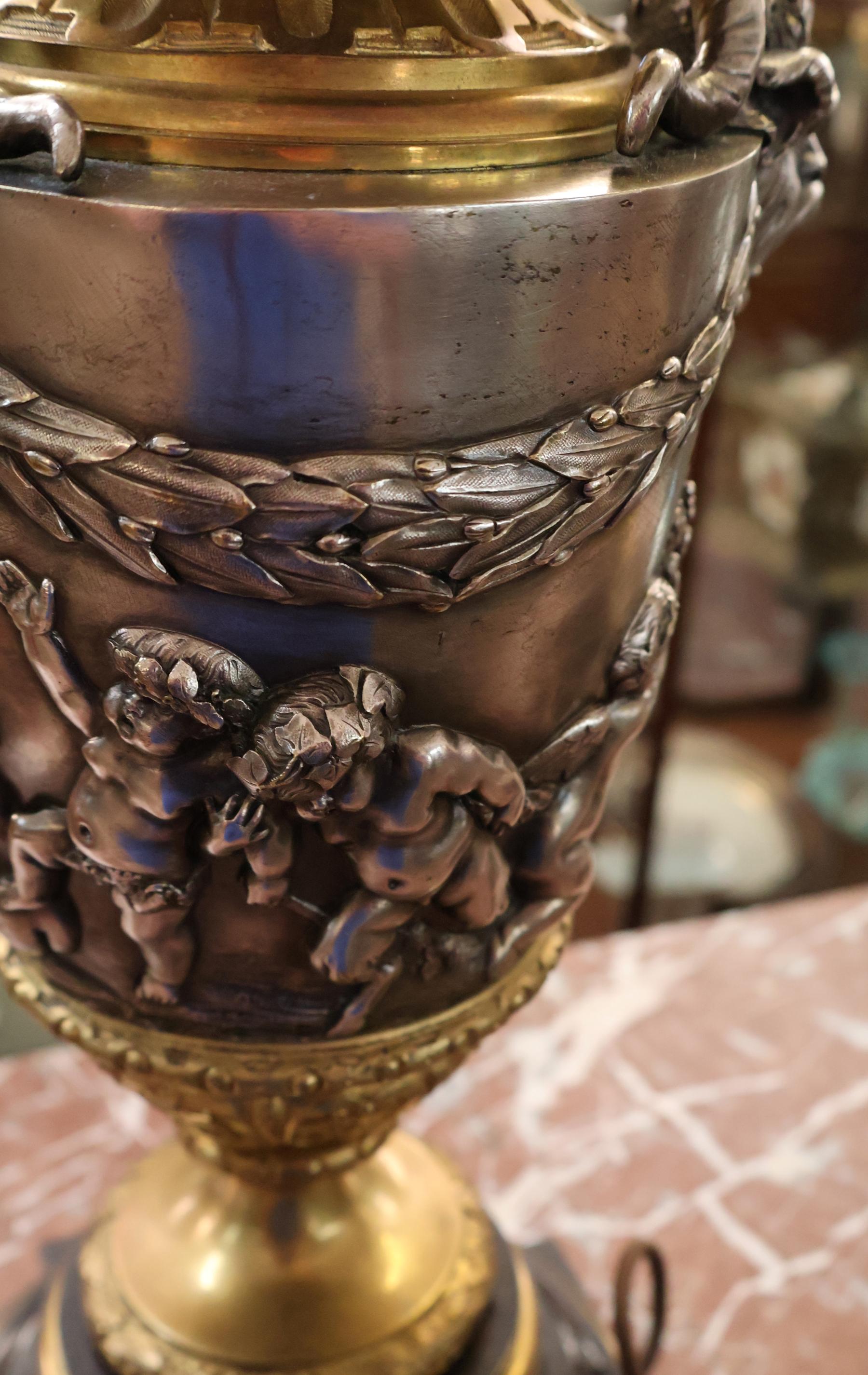 Pair of 19th Century Marble & Silvered Bronze French Bacchus Lamps After Clodion For Sale 10