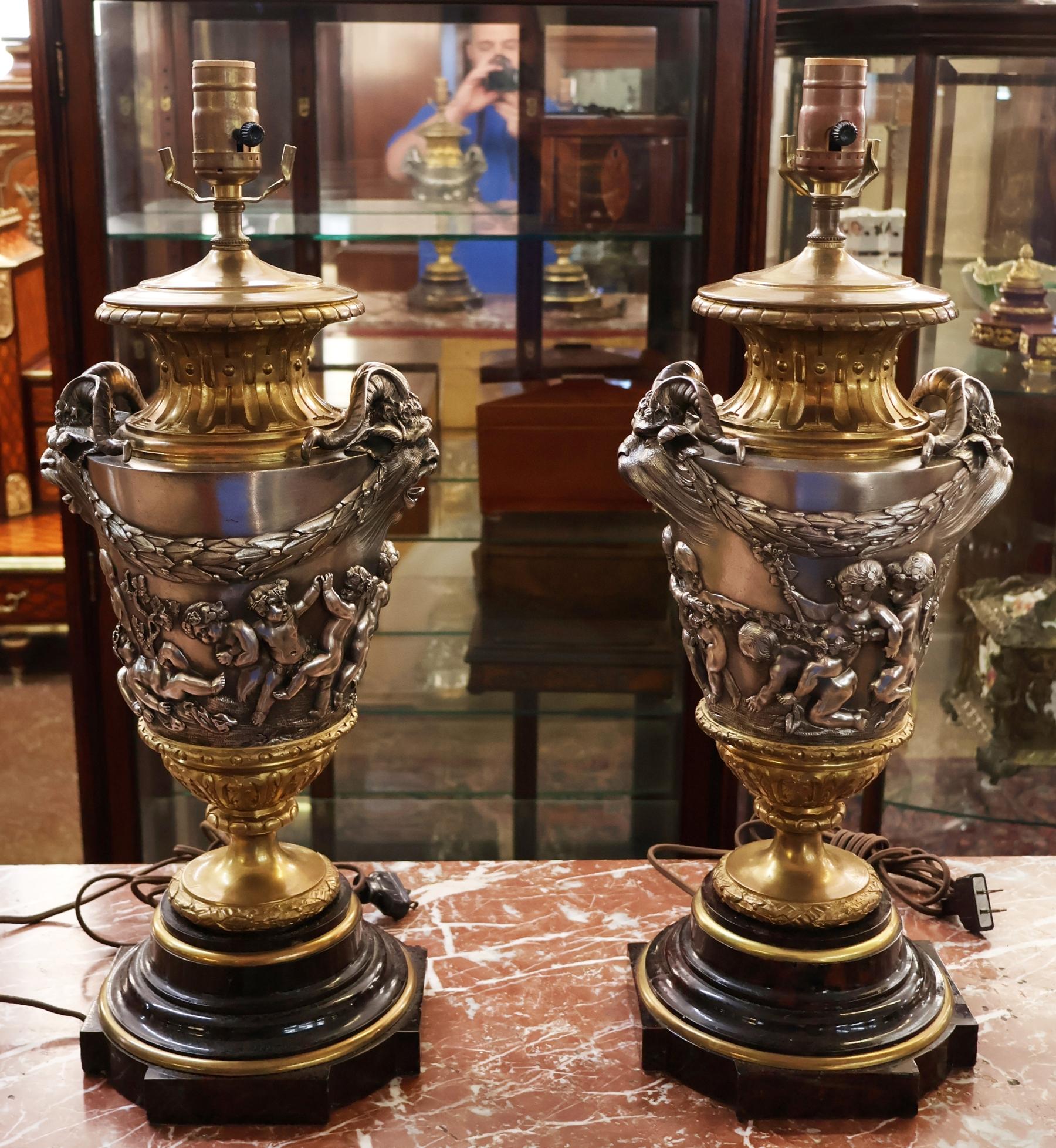Pair of 19th Century Marble & Silvered Bronze French Bacchus Lamps After Clodion For Sale 11