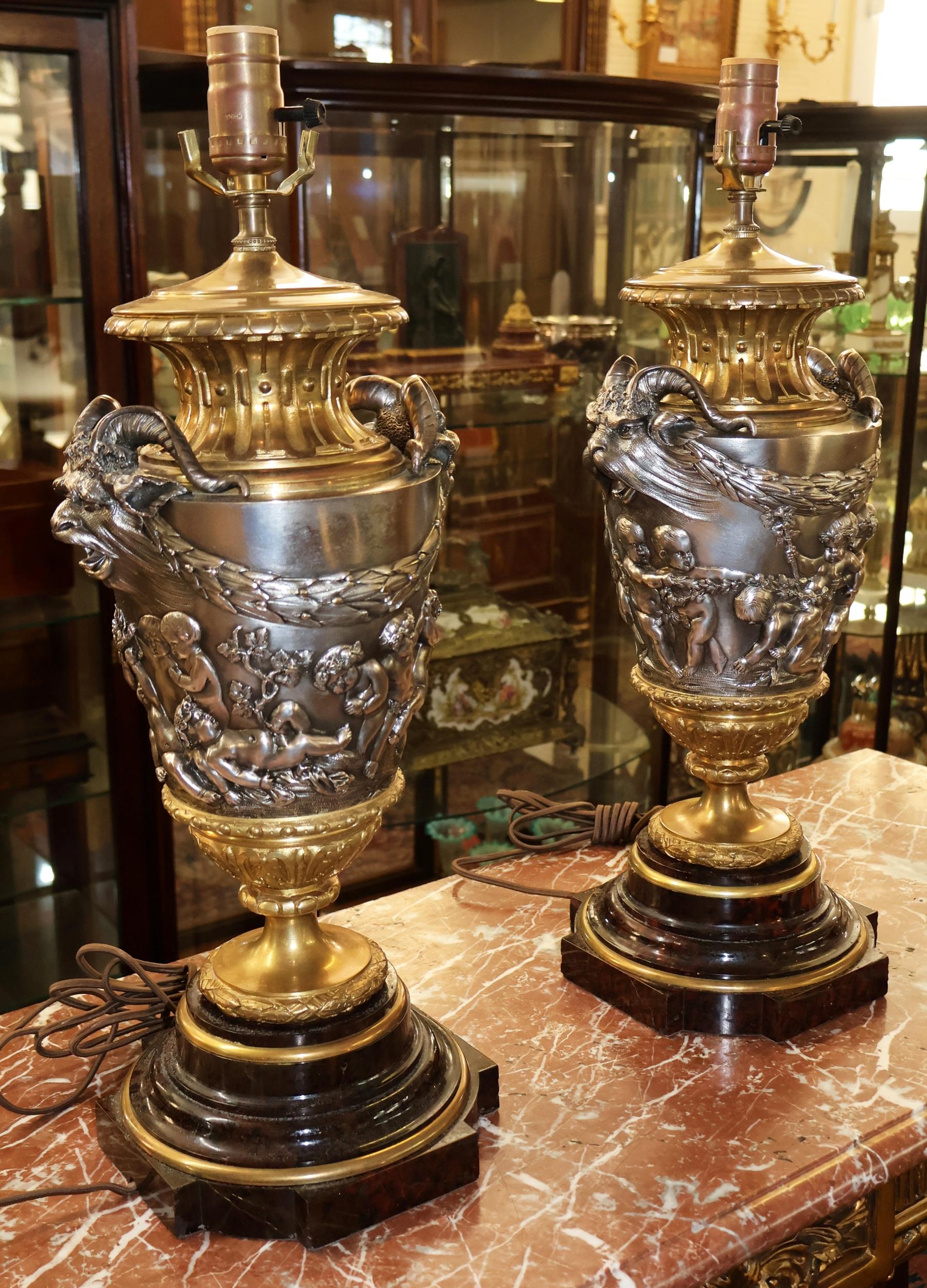 Pair of 19th Century Marble & Silvered Bronze French Bacchus Lamps After Clodion For Sale 12