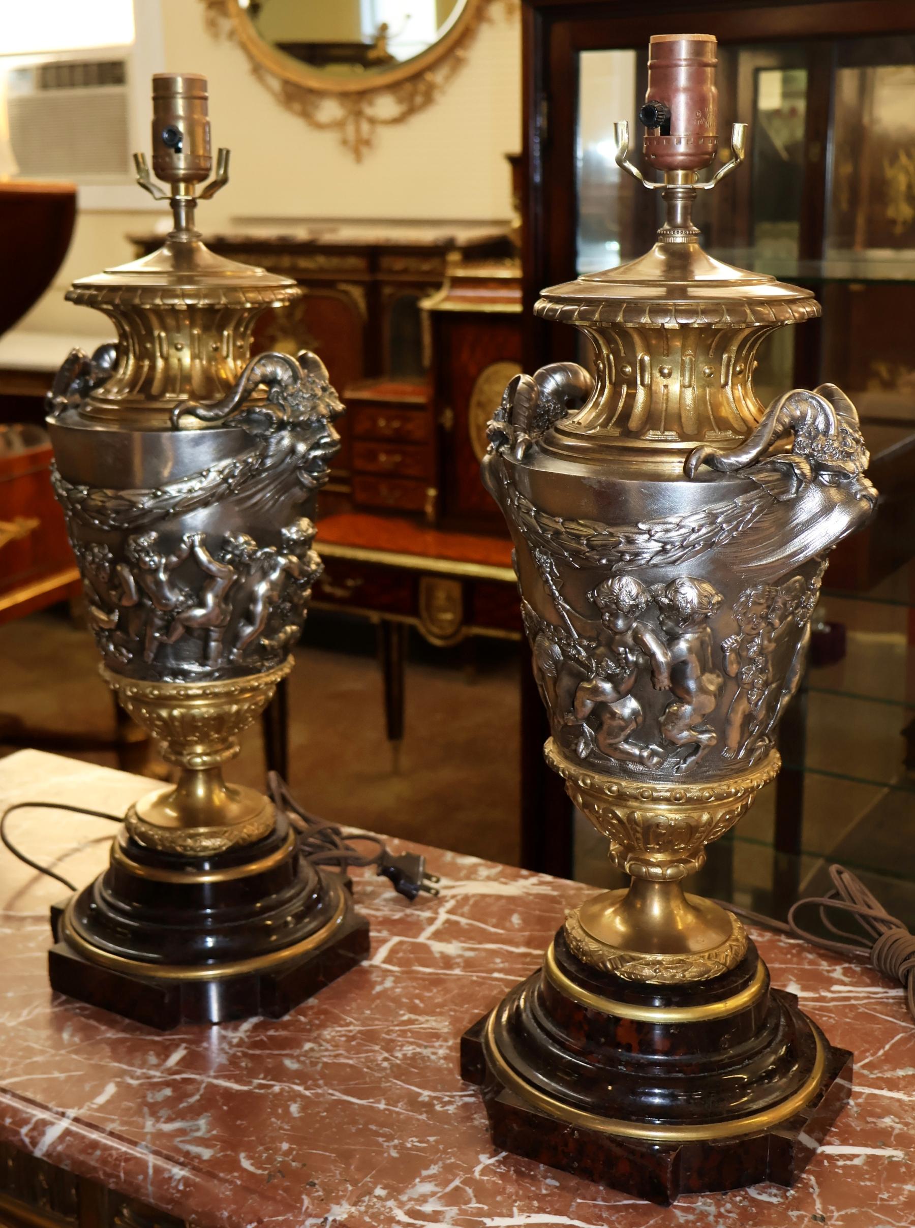Pair of 19th Century Marble & Silvered Bronze French Bacchus Lamps After Clodion For Sale 13
