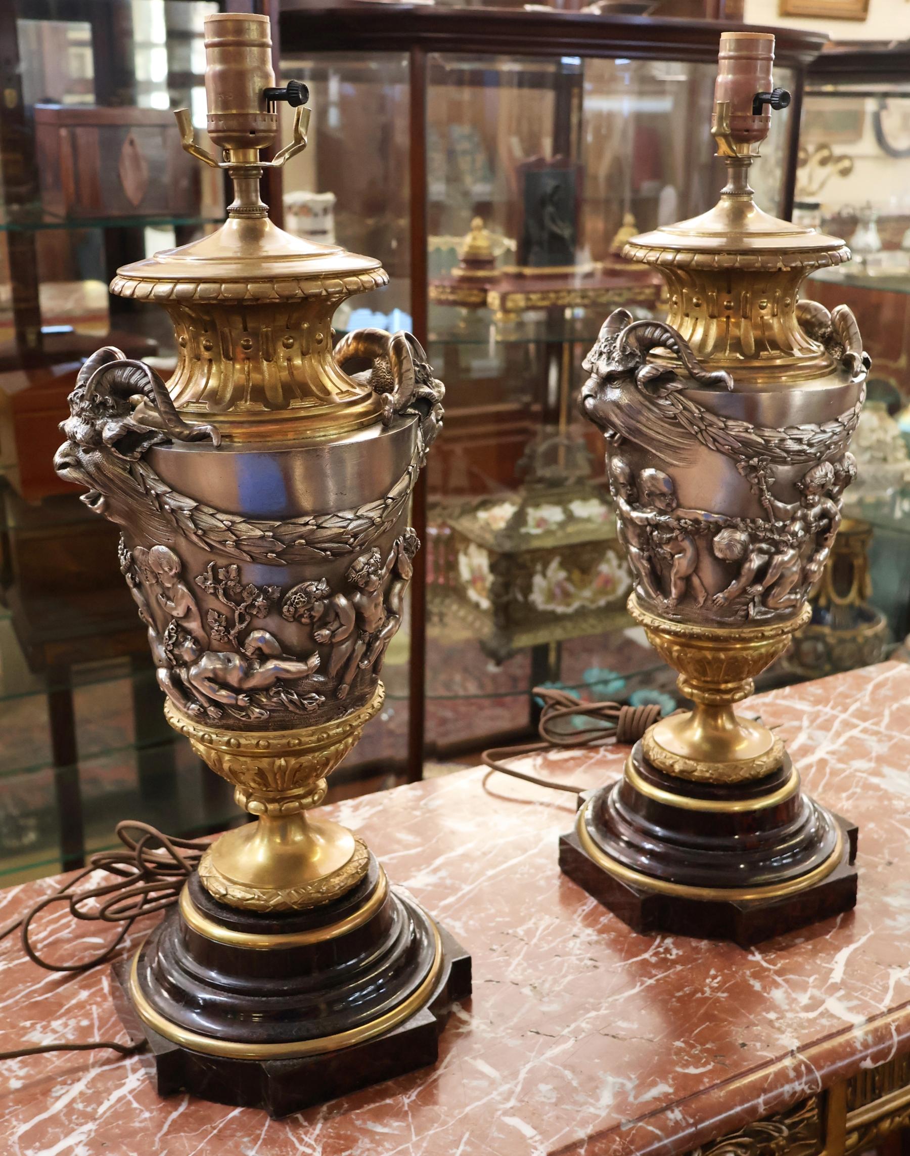 Pair of 19th Century Marble & Silvered Bronze French Bacchus Lamps After Clodion For Sale 14