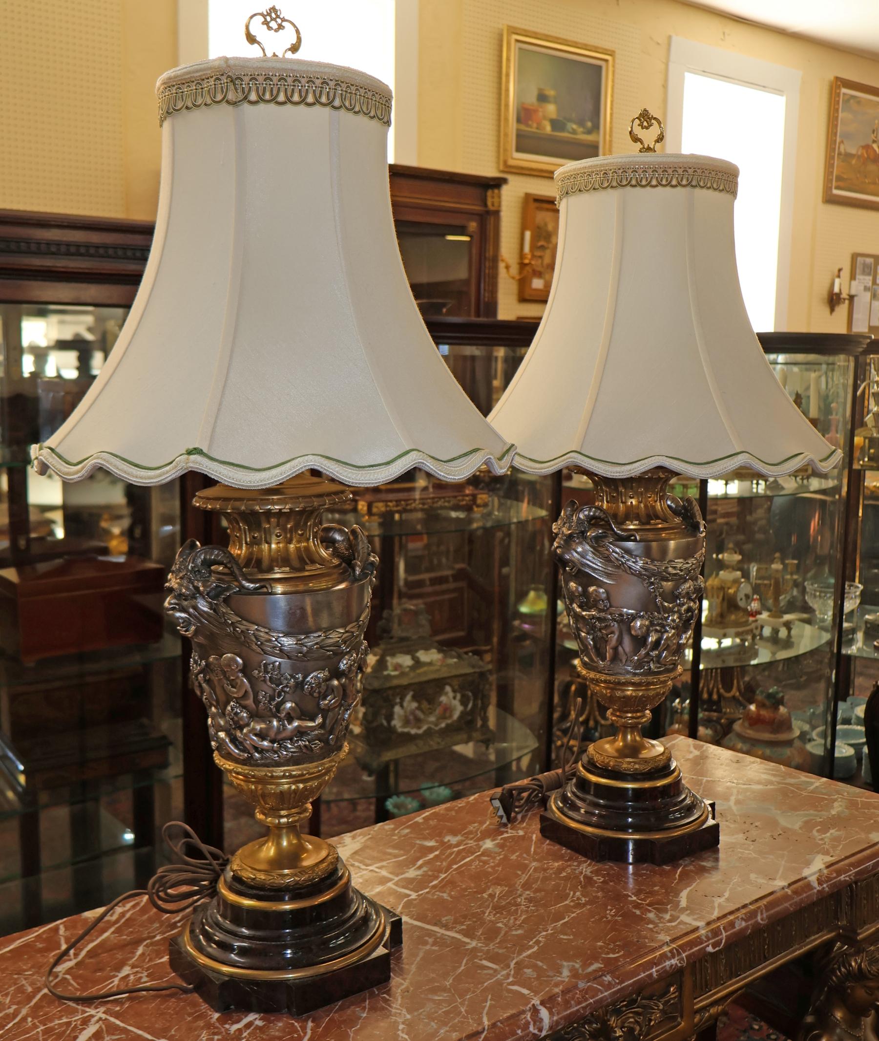 Louis XVI Pair of 19th Century Marble & Silvered Bronze French Bacchus Lamps After Clodion For Sale