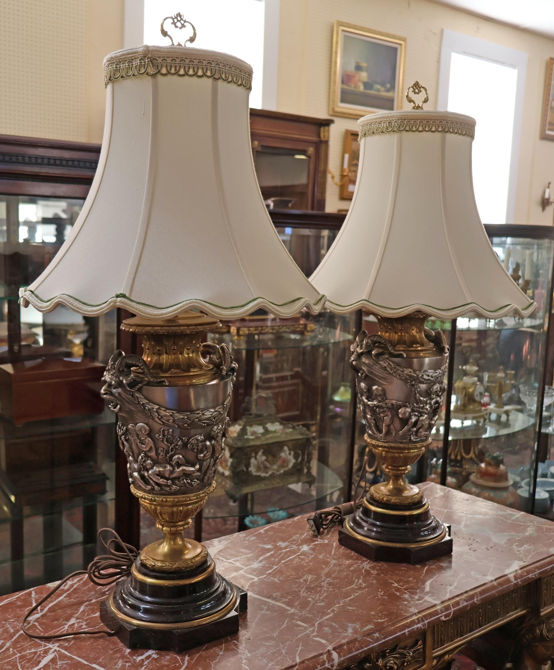 Pair of 19th Century Marble & Silvered Bronze French Bacchus Lamps After Clodion In Good Condition For Sale In Long Branch, NJ