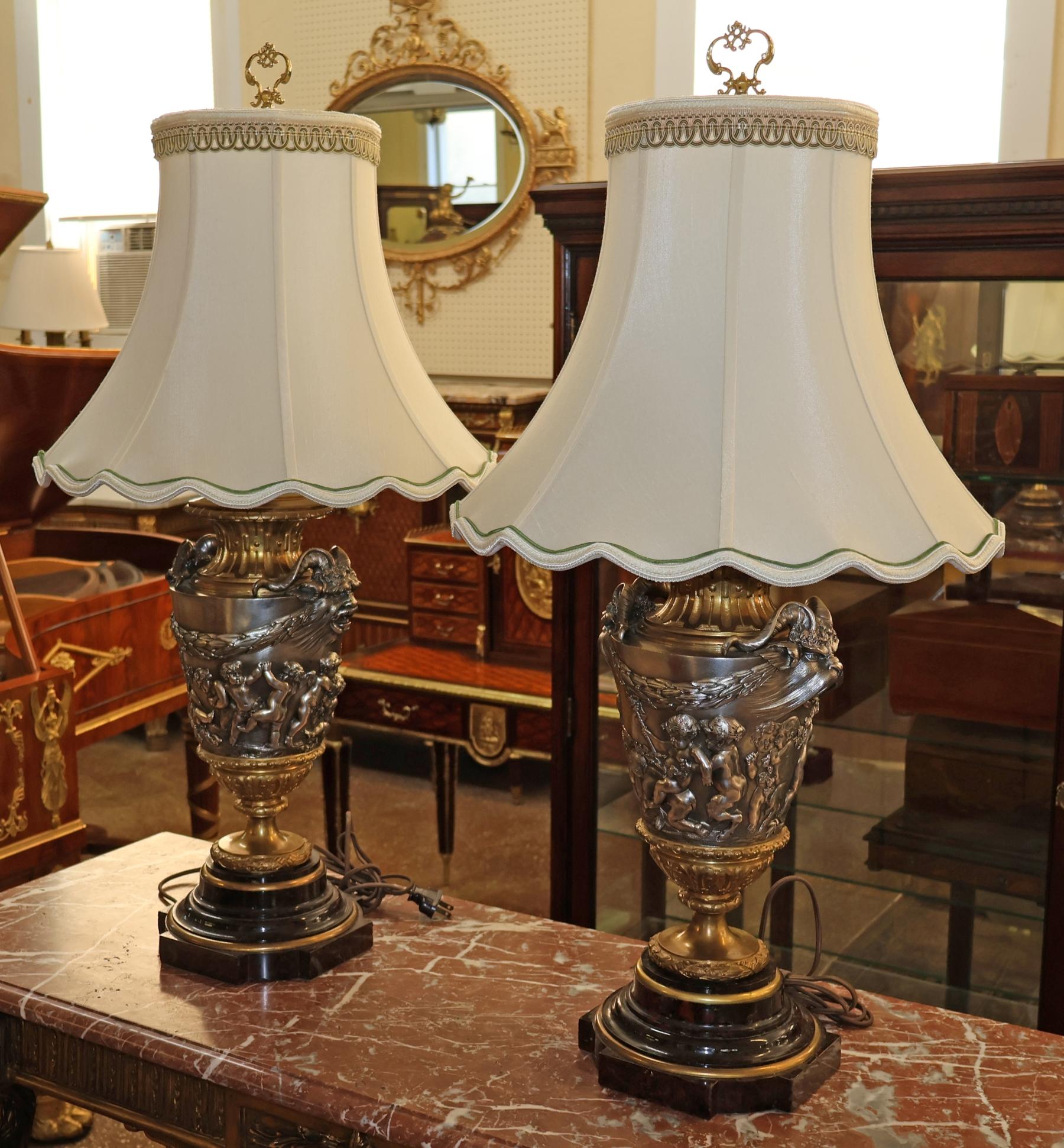 Late 19th Century Pair of 19th Century Marble & Silvered Bronze French Bacchus Lamps After Clodion For Sale