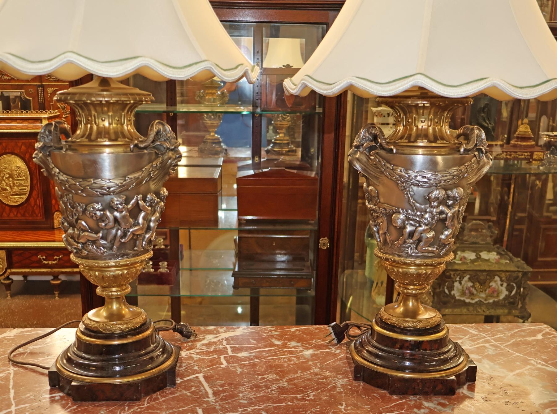 Pair of 19th Century Marble & Silvered Bronze French Bacchus Lamps After Clodion For Sale 1