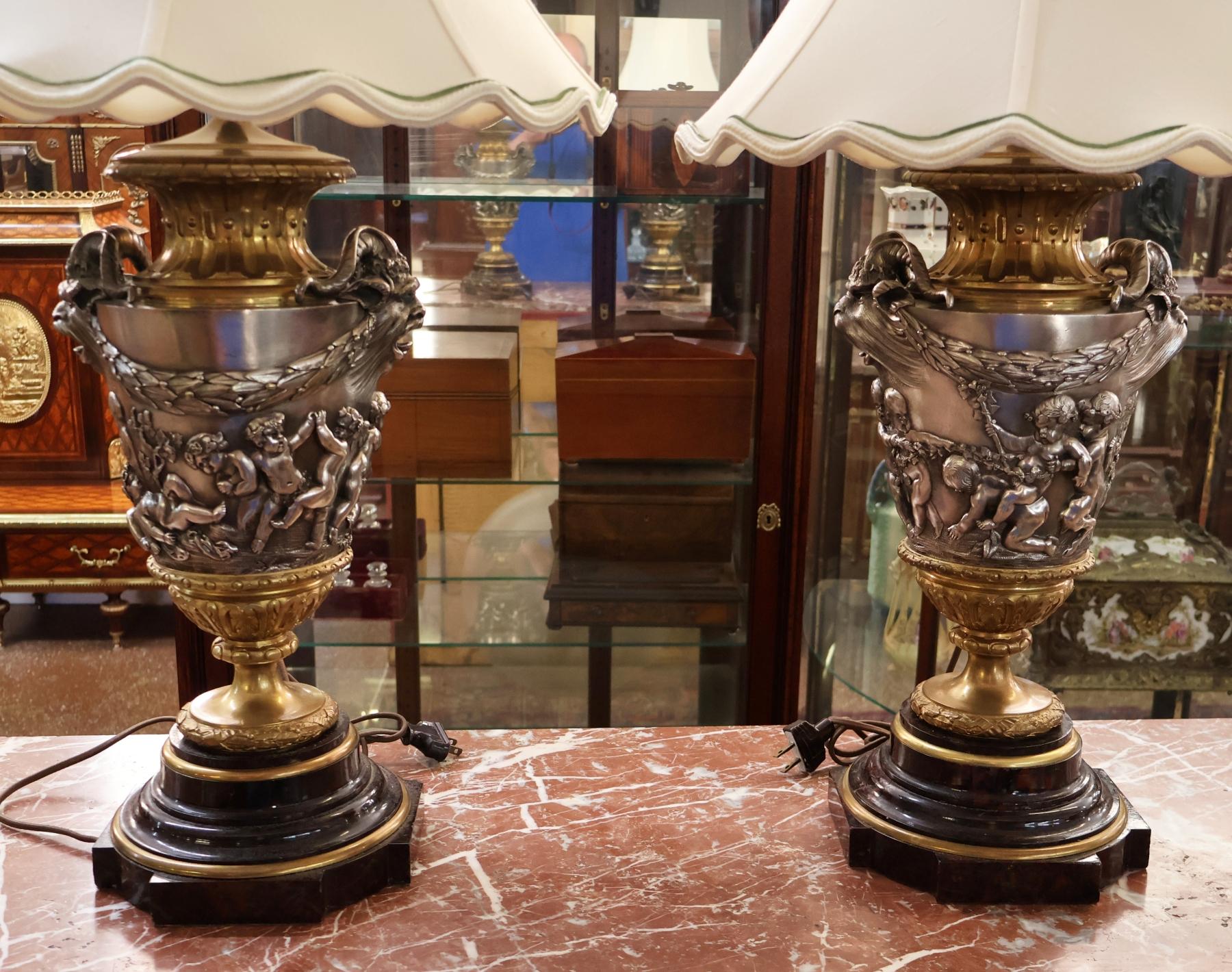 Pair of 19th Century Marble & Silvered Bronze French Bacchus Lamps After Clodion For Sale 2