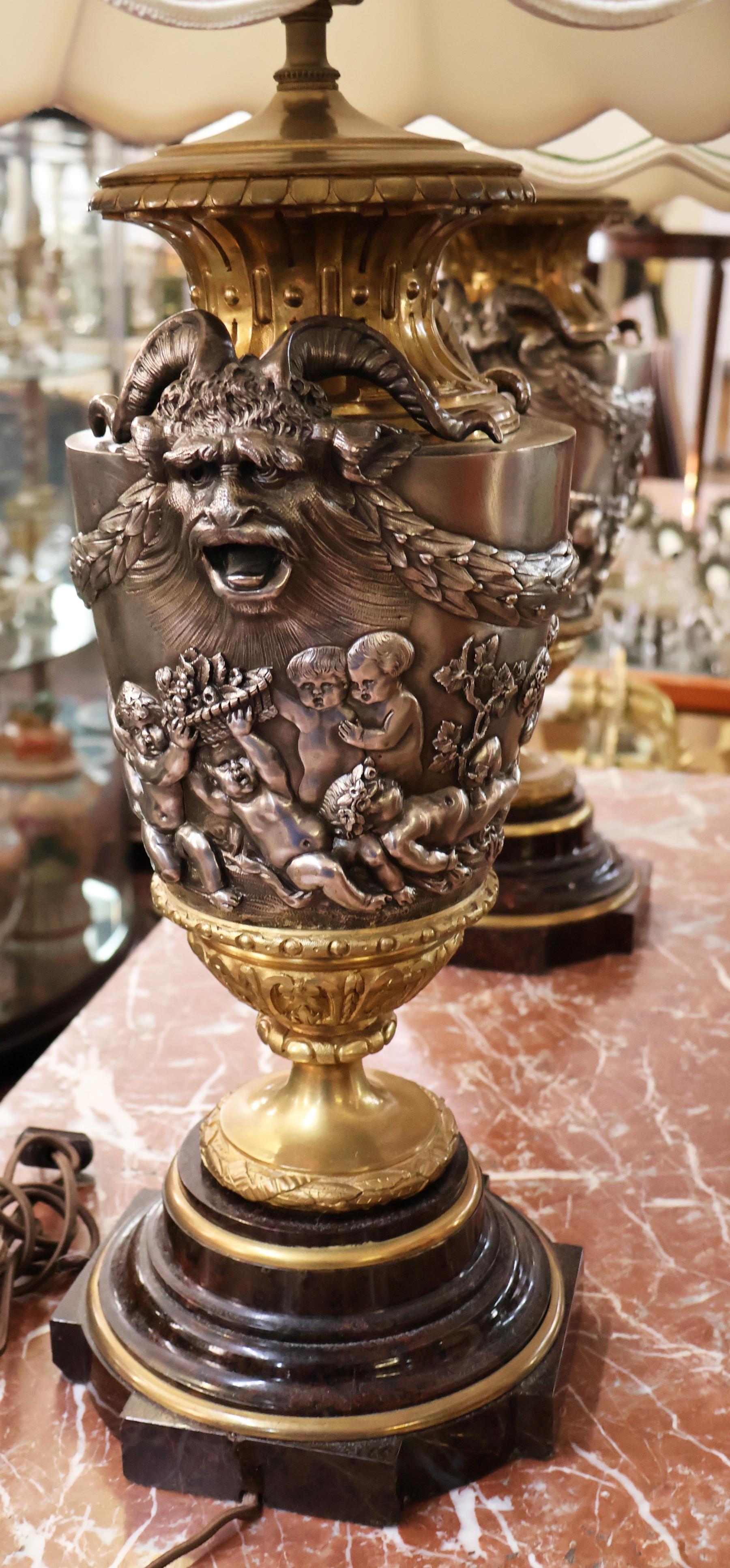 Pair of 19th Century Marble & Silvered Bronze French Bacchus Lamps After Clodion For Sale 3
