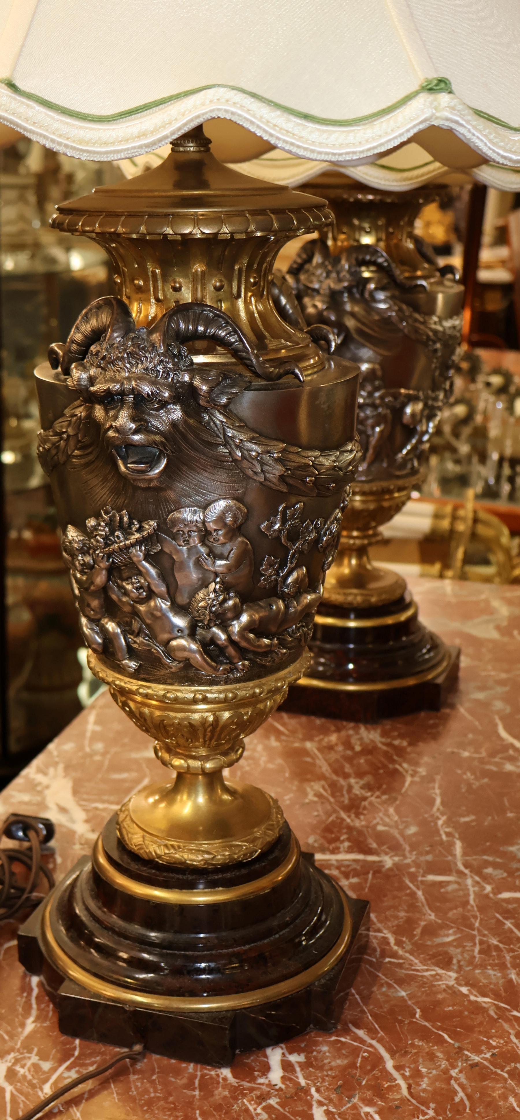 Pair of 19th Century Marble & Silvered Bronze French Bacchus Lamps After Clodion For Sale 4