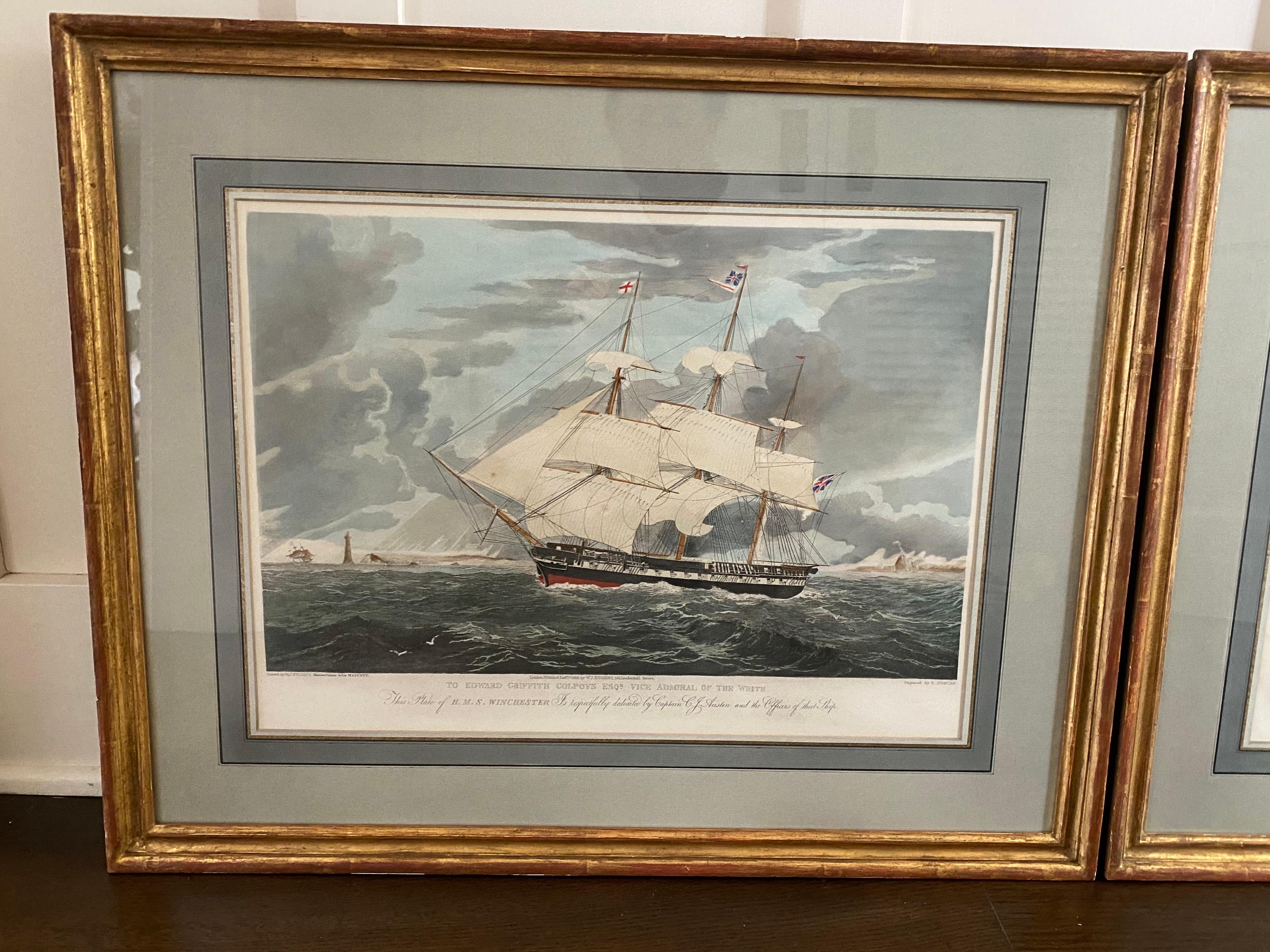 Hand-Painted Pair of 19th Century Maritime Engravings by E. Duncan and T.G. Dutton