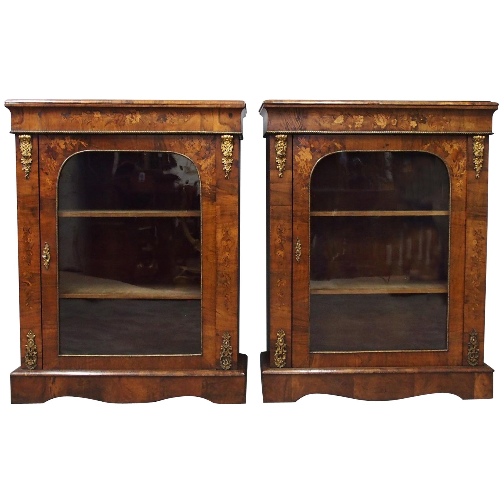 Pair of 19th Century Marquetry Inlaid Walnut Pier Cabinets For Sale