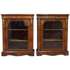 Antique Pair of 19th Century Marquetry Inlaid Walnut Pier Cabinets