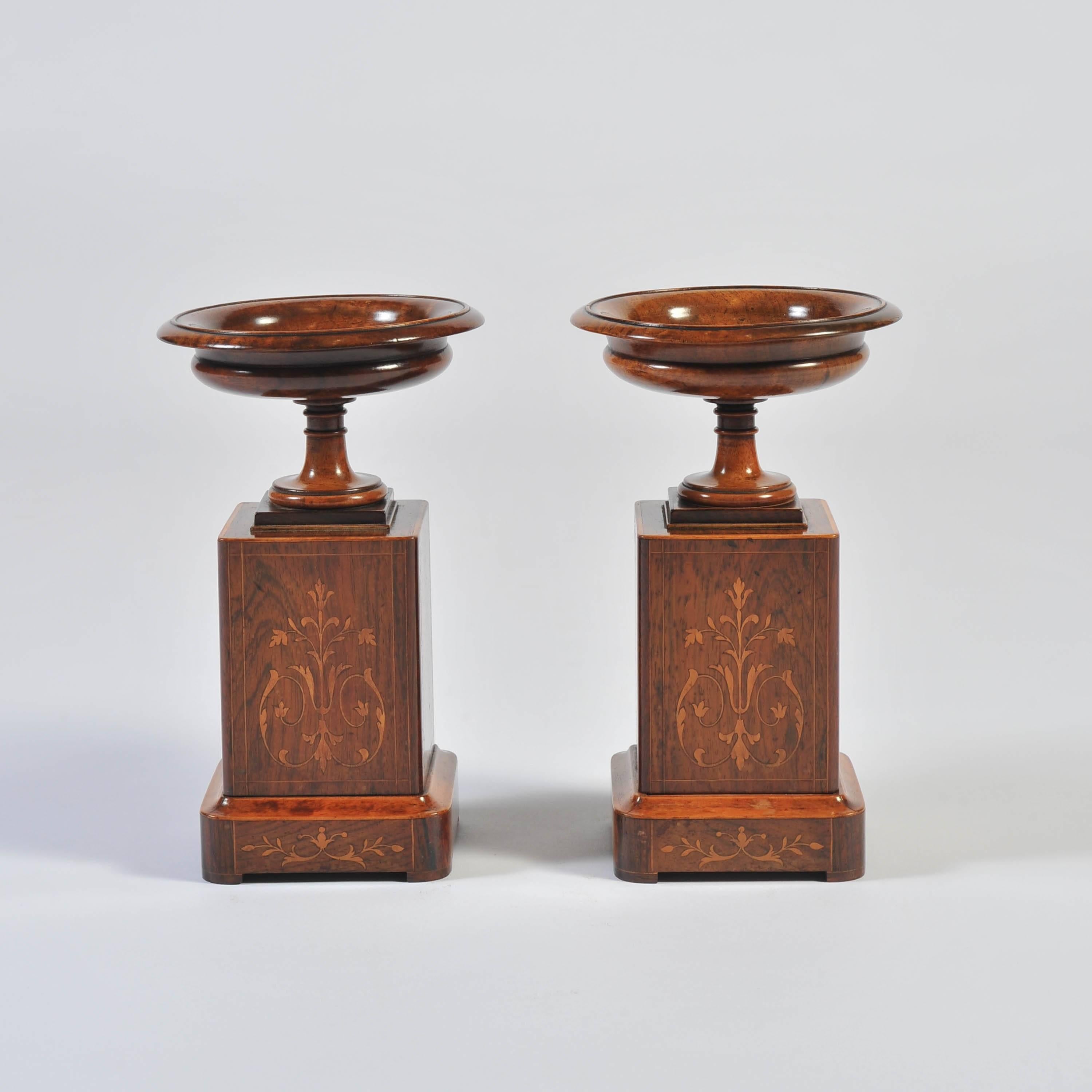 Neoclassical Pair of 19th Century Marquetry Tazza, in Rosewood, Walnut and Boxwood 