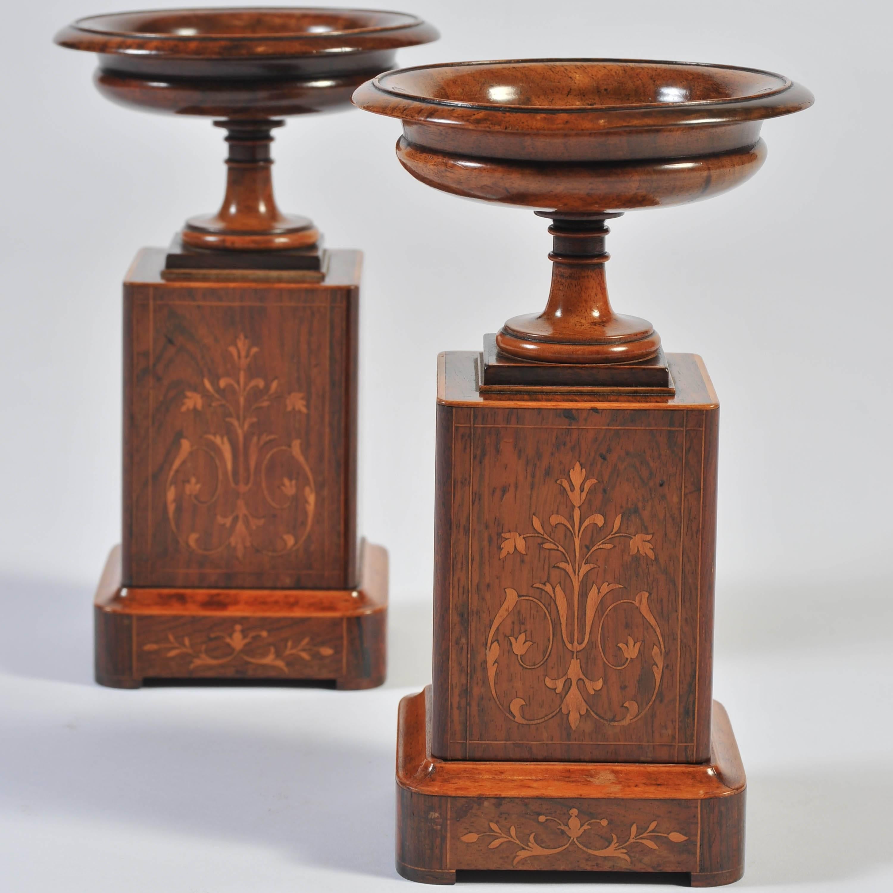 English Pair of 19th Century Marquetry Tazza, in Rosewood, Walnut and Boxwood 