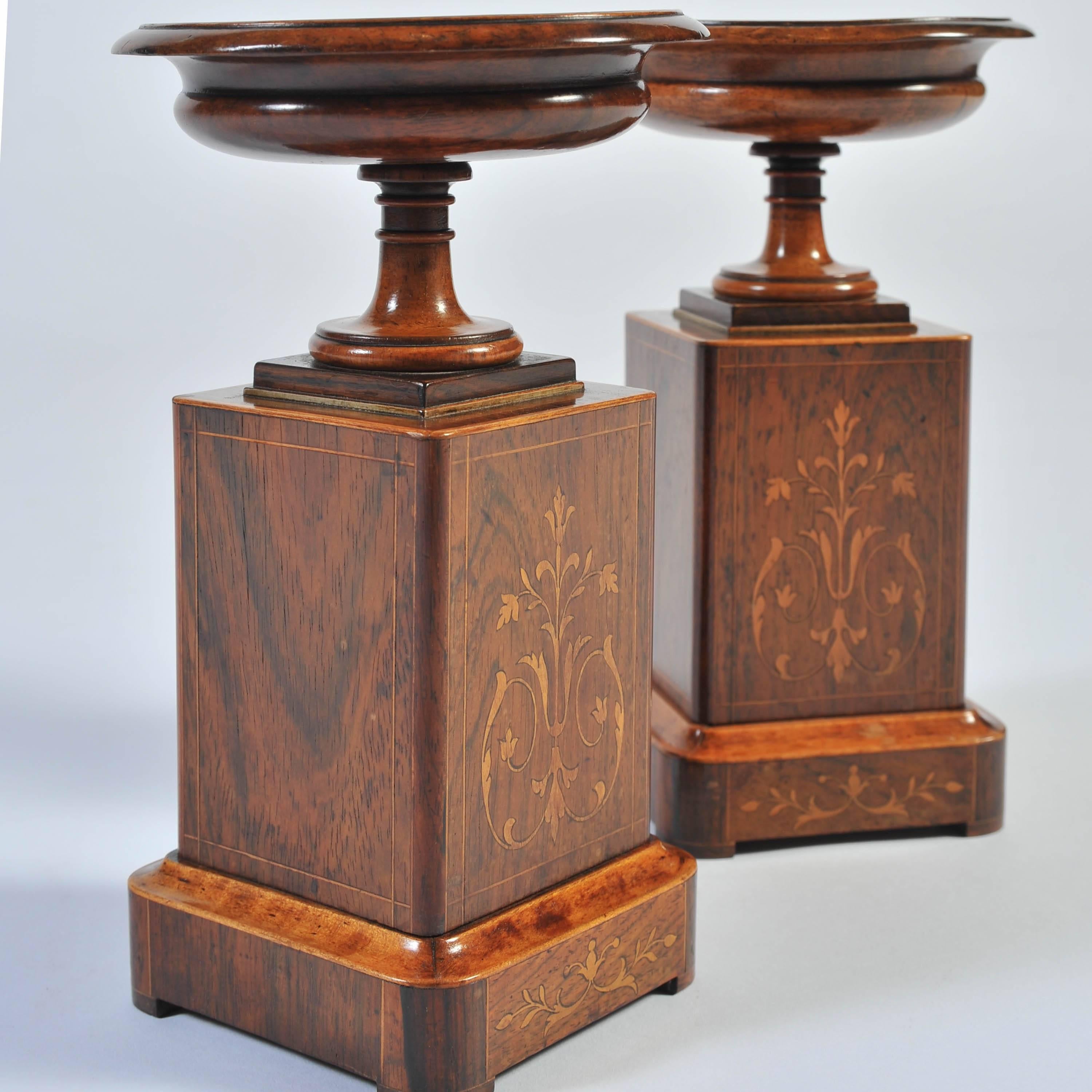 Pair of 19th Century Marquetry Tazza, in Rosewood, Walnut and Boxwood  3