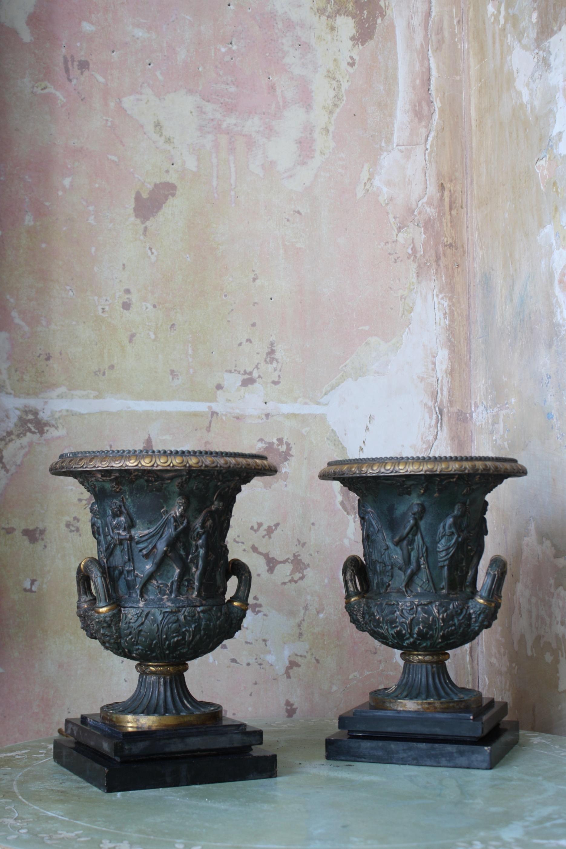 Pair of 19th Century Medici Bronze Urns UpLighters Greek Revival Grand Tour 7
