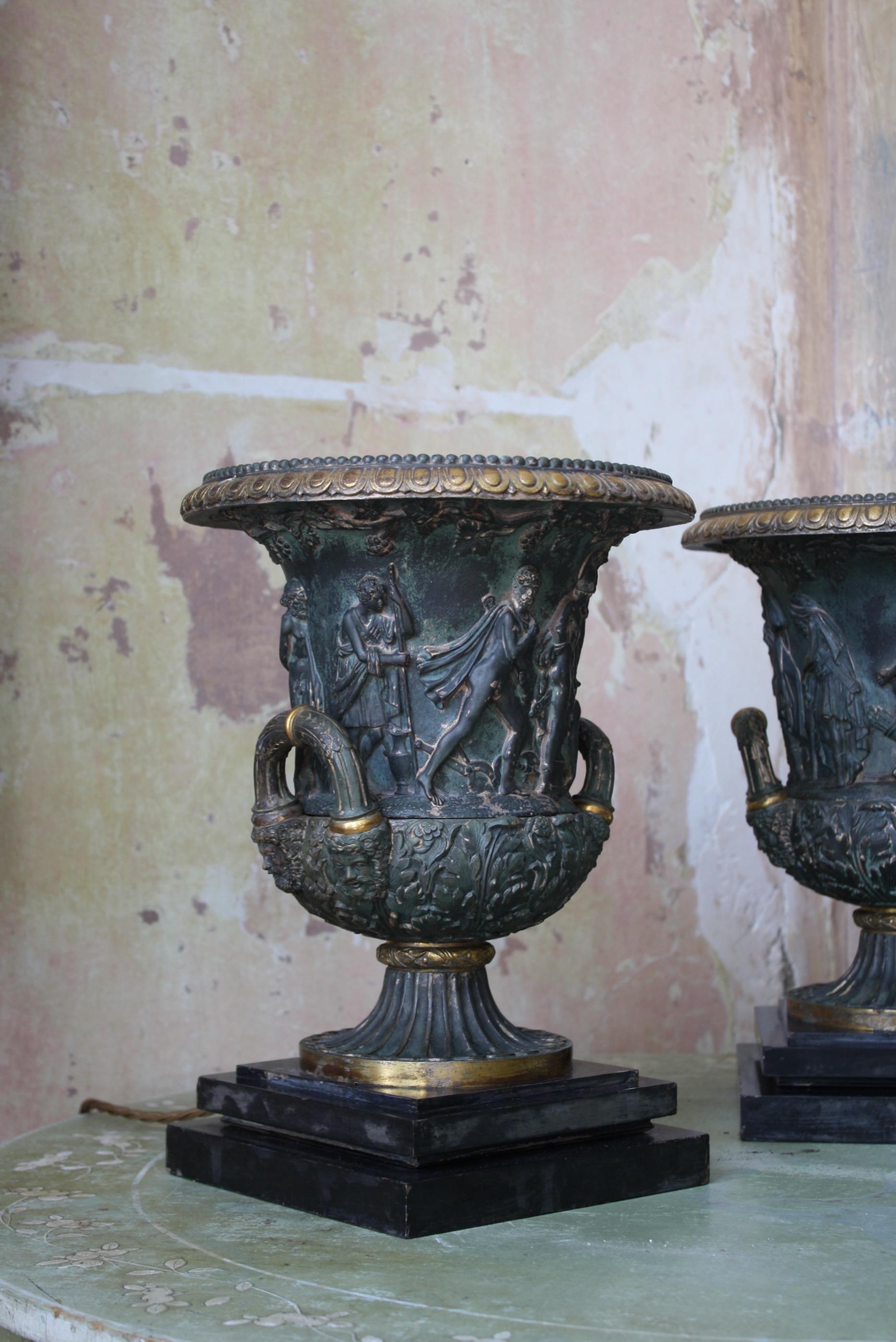 Pair of 19th Century Medici Bronze Urns UpLighters Greek Revival Grand Tour 9