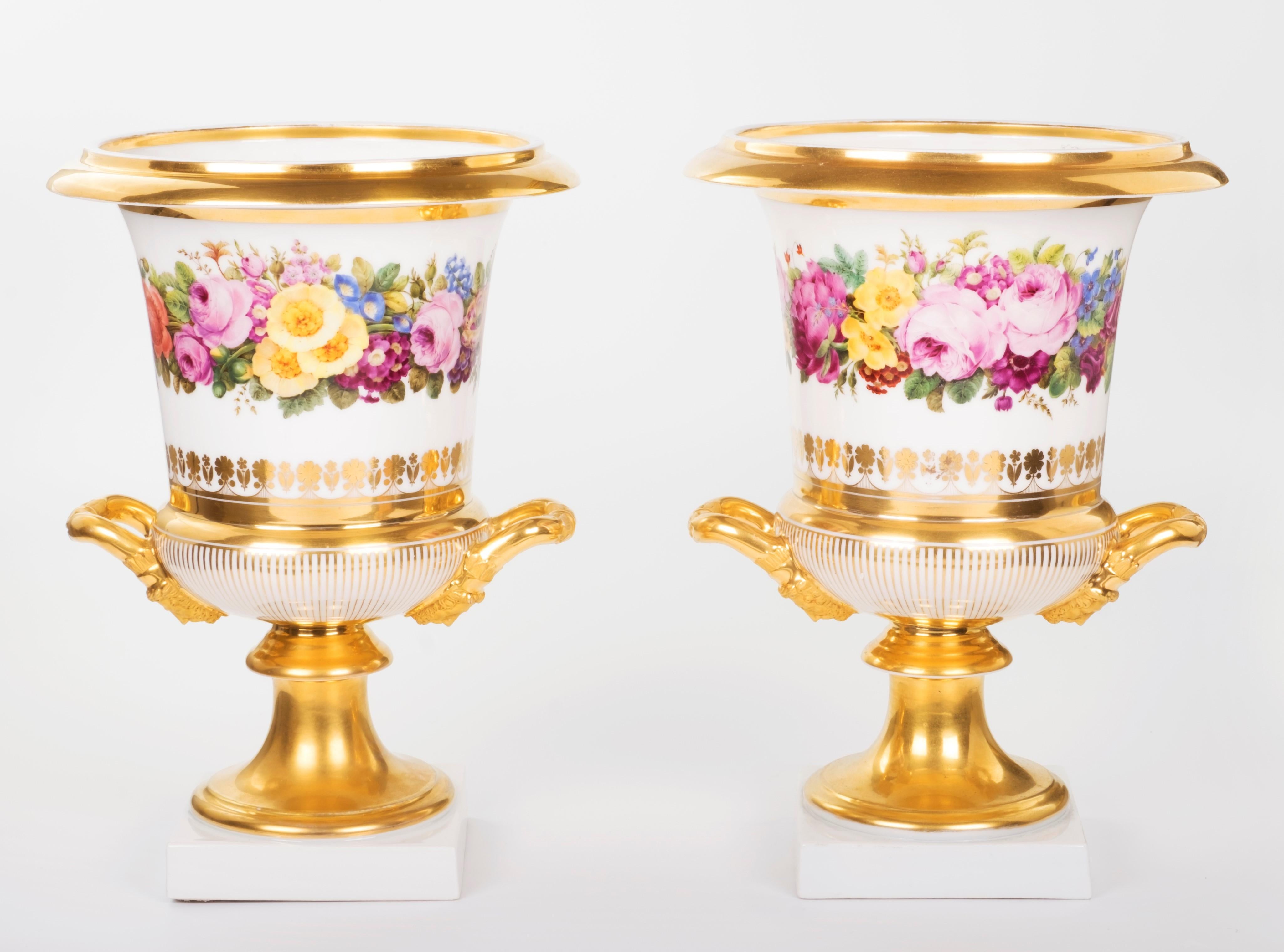 A set of two crater vases from the second quarter of 19th century, century 1825-1830,
made of porcelain of France, crafted in the factory of Mortelèque in Ixelles (near Brussels),
Belgium and painted by the artist Frédéric Faber (1782-1844).
The