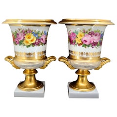 Antique Pair of 19th Century Medici Vases, Hand-Painted Porcelain
