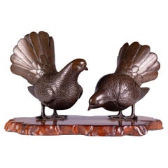 Pair Of 19th Century Meiji Period Japanese Bronze Partridges On Hardwood Base