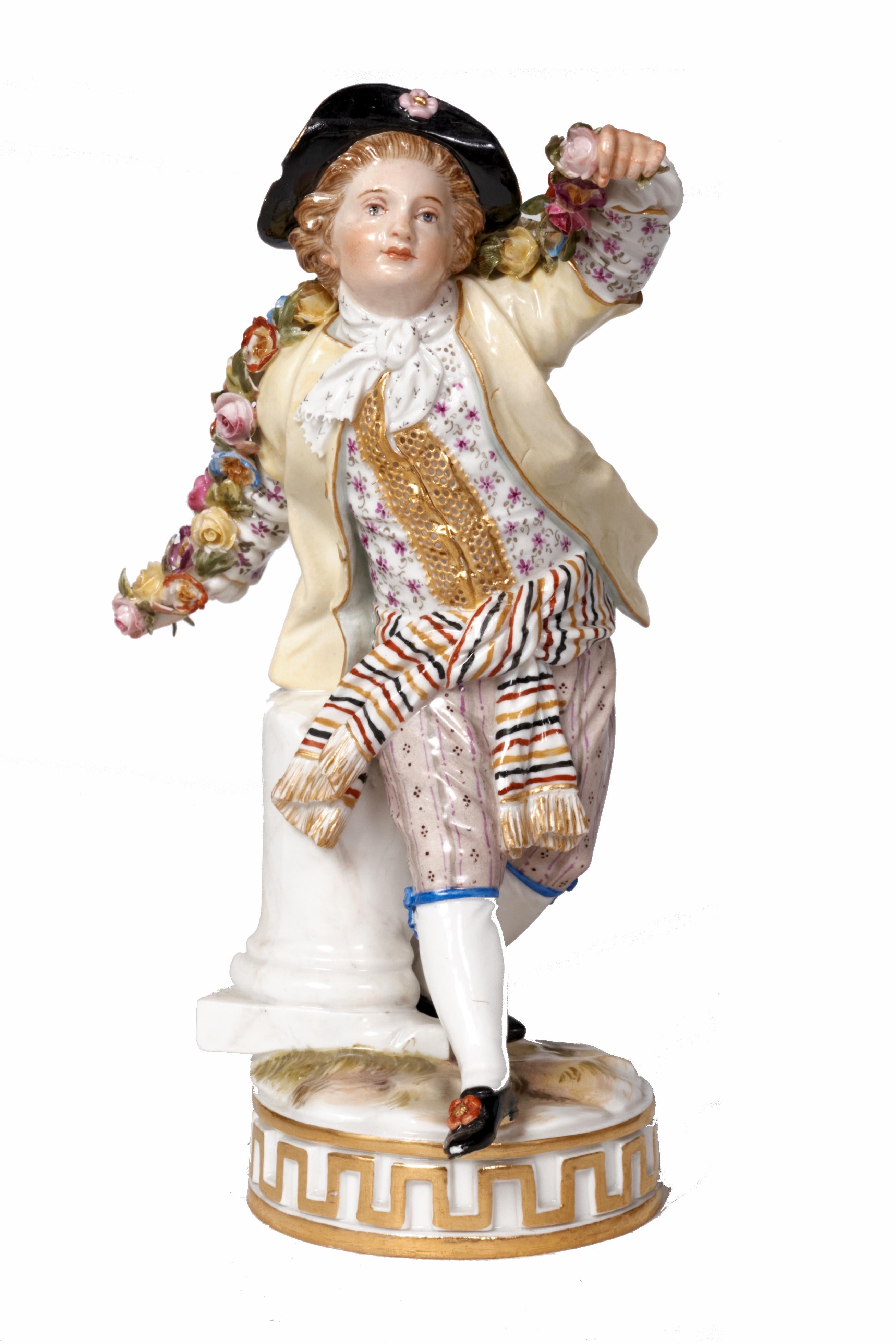 Lovely 19th century Meissen figurines holding garlands of flowers with incredible minute detail.
Decorated with gold and lace they are finely dressed. The woman is in excellent condition. She has a 1/8