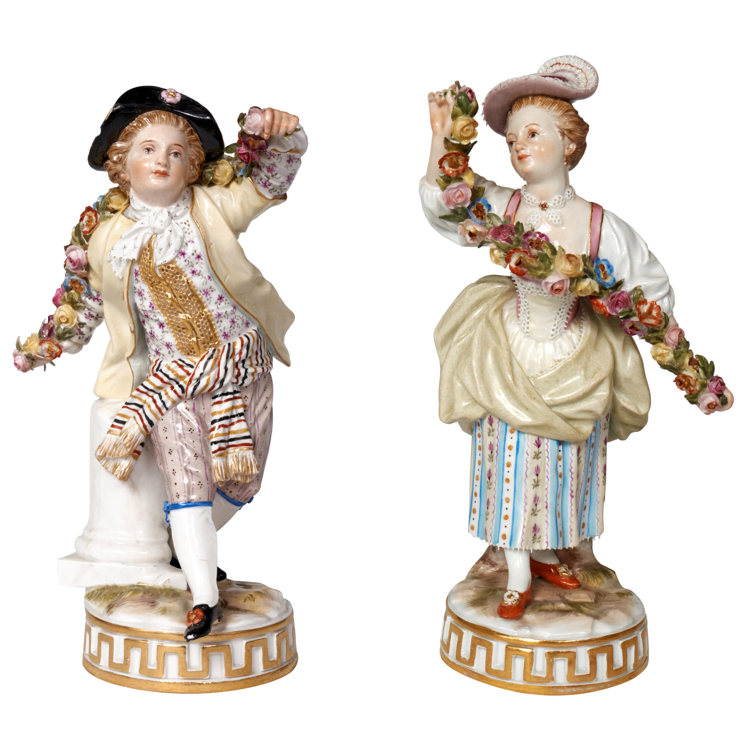 Pair of 19th Century Meissen Figurines Garlands of Flowers
