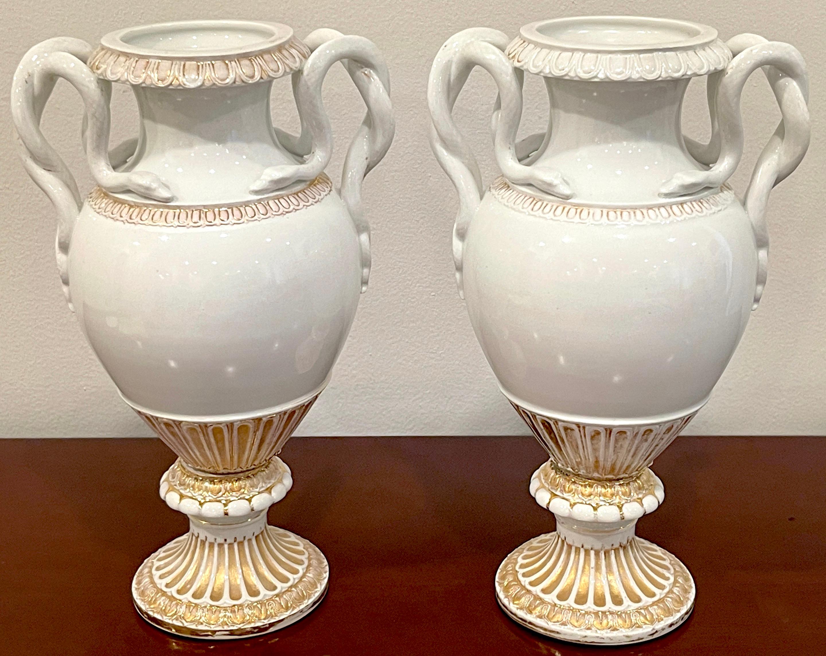 German Pair of 19th Century Meissen Gold & White Neoclassical Serpent Handled Vases For Sale