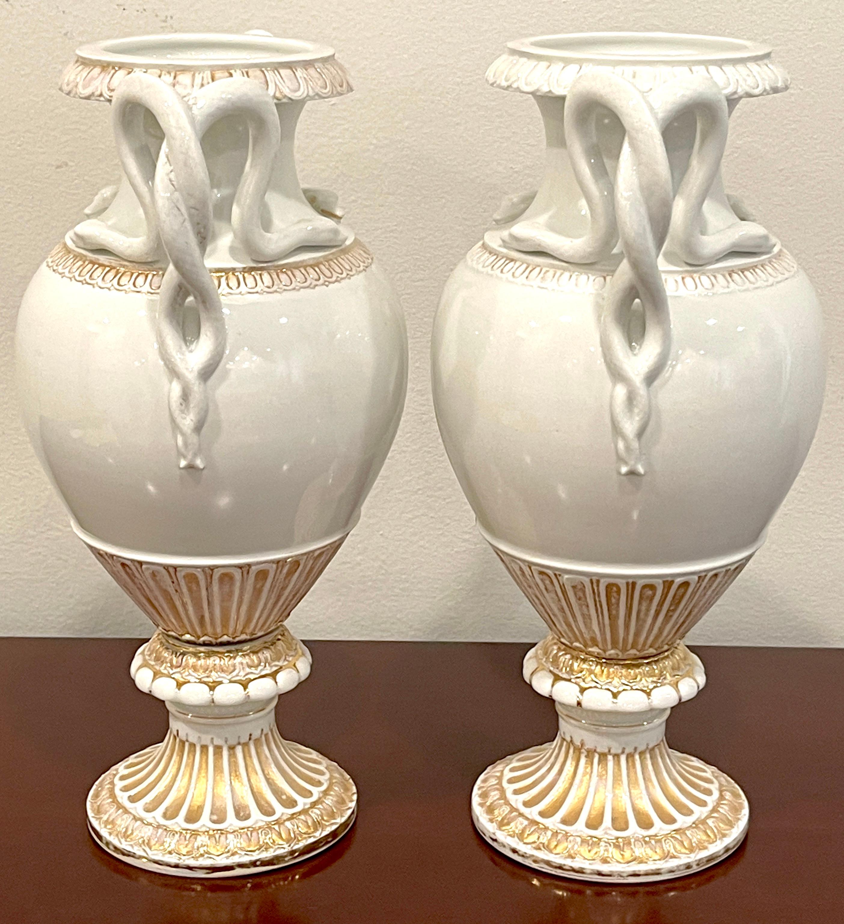 Gilt Pair of 19th Century Meissen Gold & White Neoclassical Serpent Handled Vases For Sale