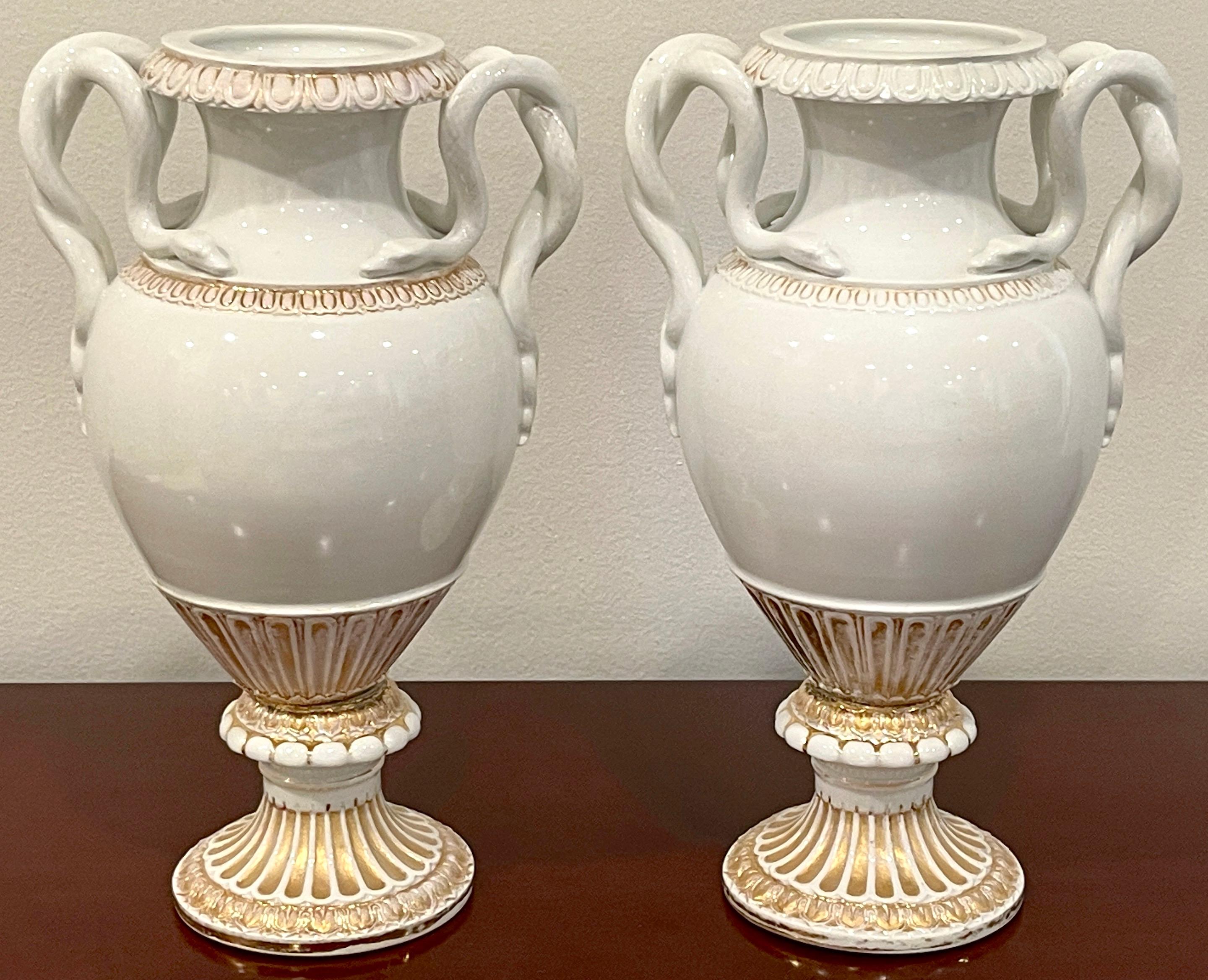 Porcelain Pair of 19th Century Meissen Gold & White Neoclassical Serpent Handled Vases For Sale