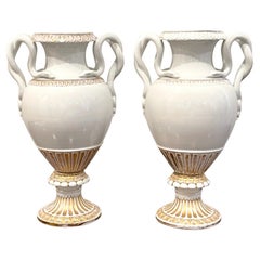 Pair of 19th Century Meissen Gold & White Neoclassical Serpent Handled Vases