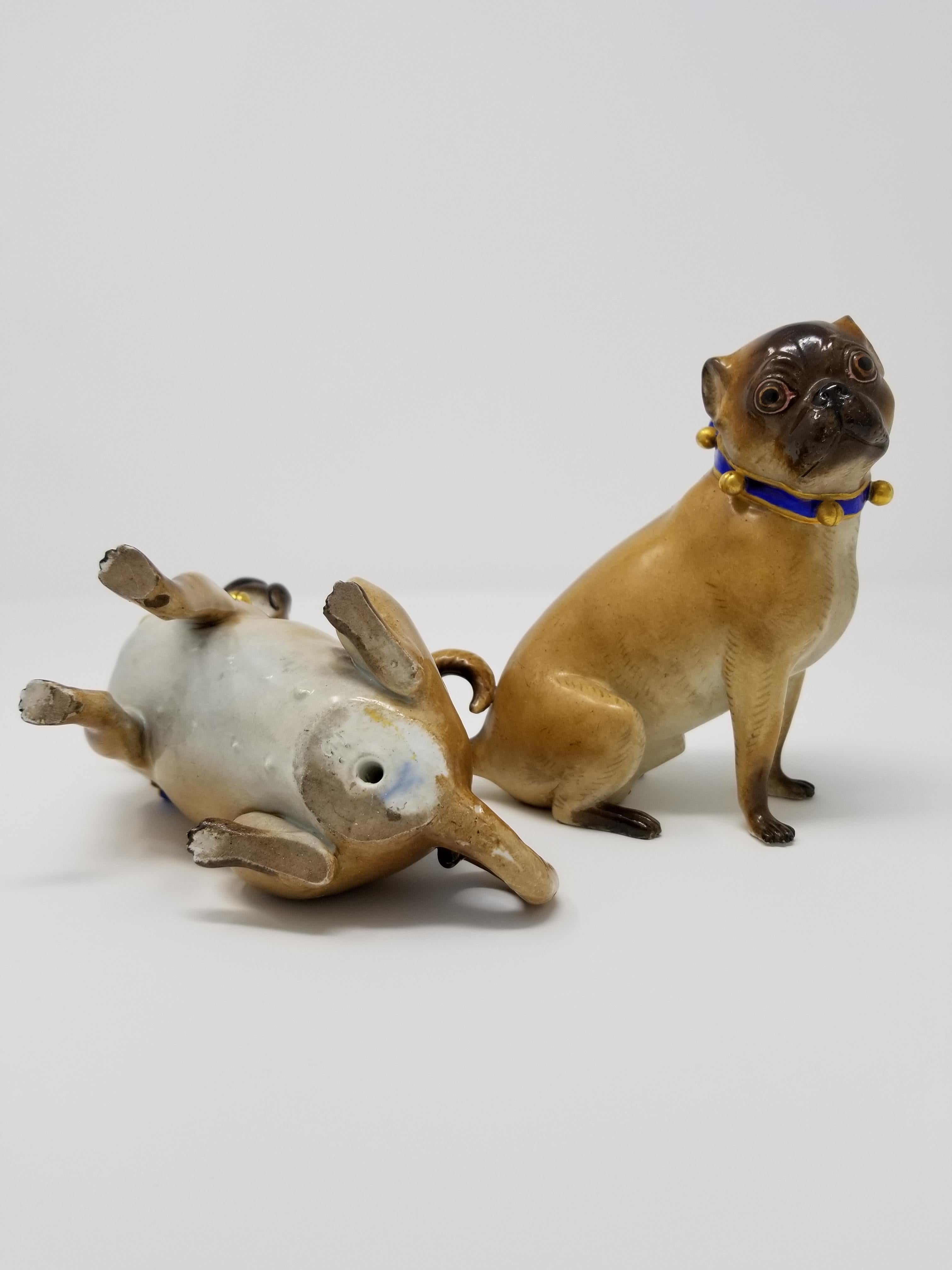 German Pair of 19th Century Meissen Porcelain Figures of Pug Dogs w/ Gilt Bell Collars