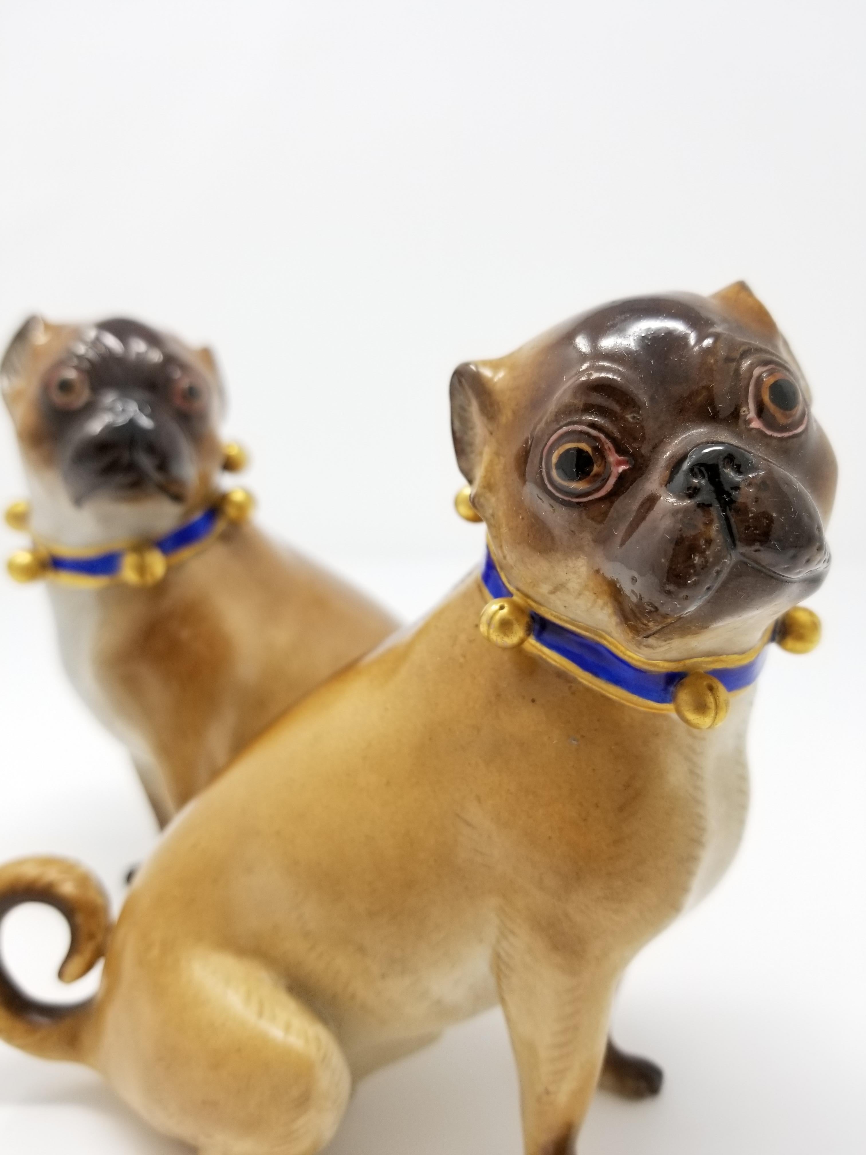 Pair of 19th Century Meissen Porcelain Figures of Pug Dogs w/ Gilt Bell Collars 1