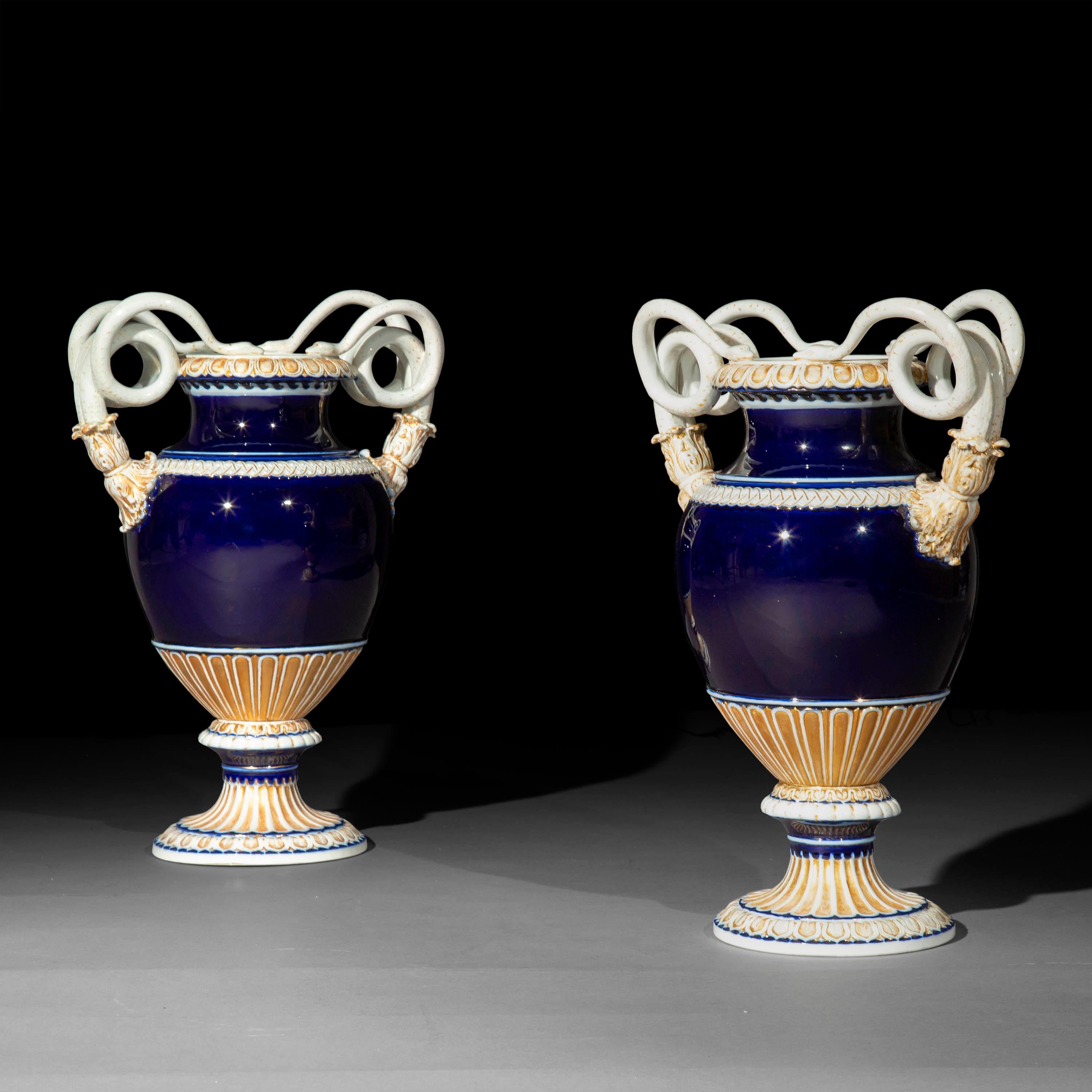 Classical Roman Pair of 19th Century Meissen Porcelain Serpent Vases