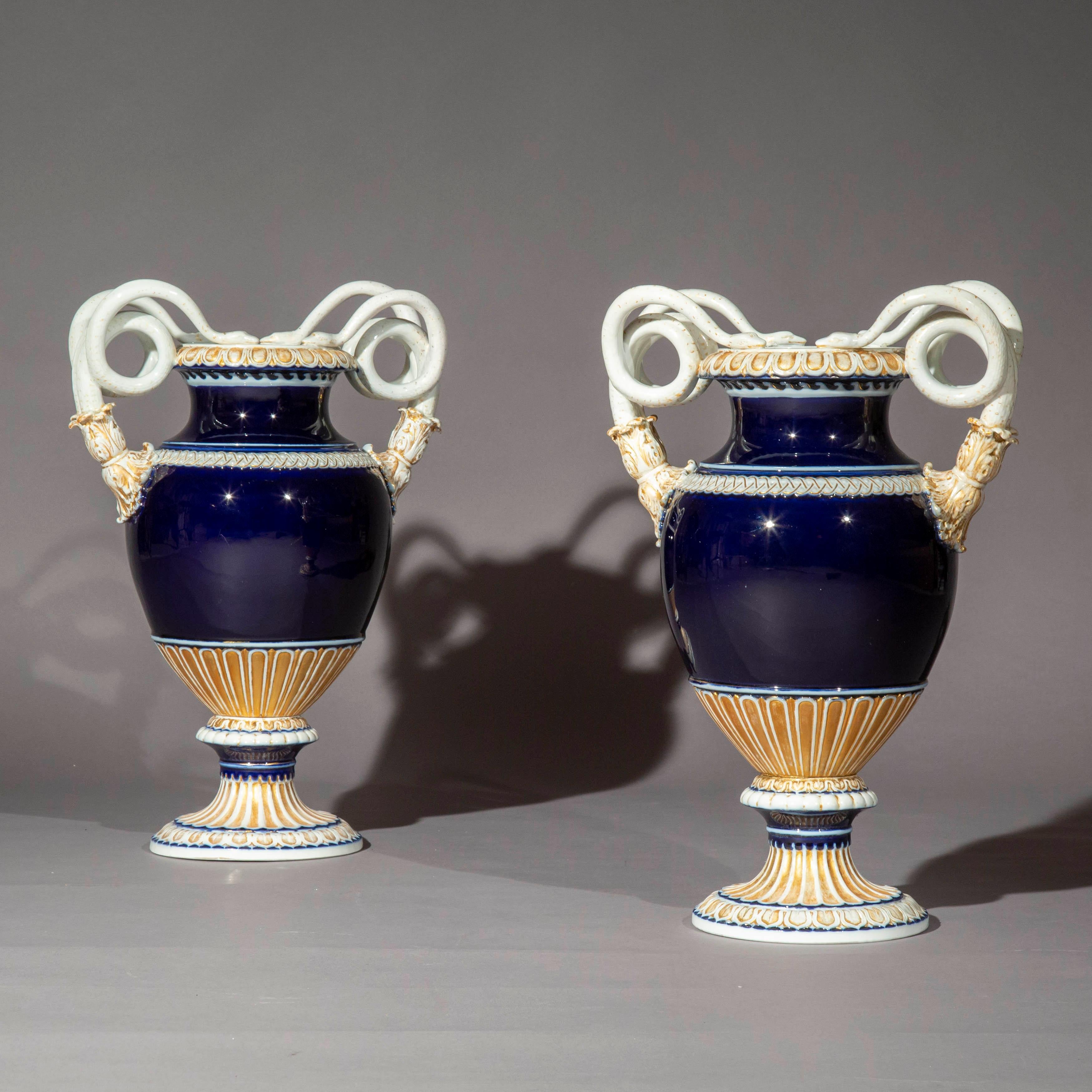 Gilt Pair of 19th Century Meissen Porcelain Serpent Vases