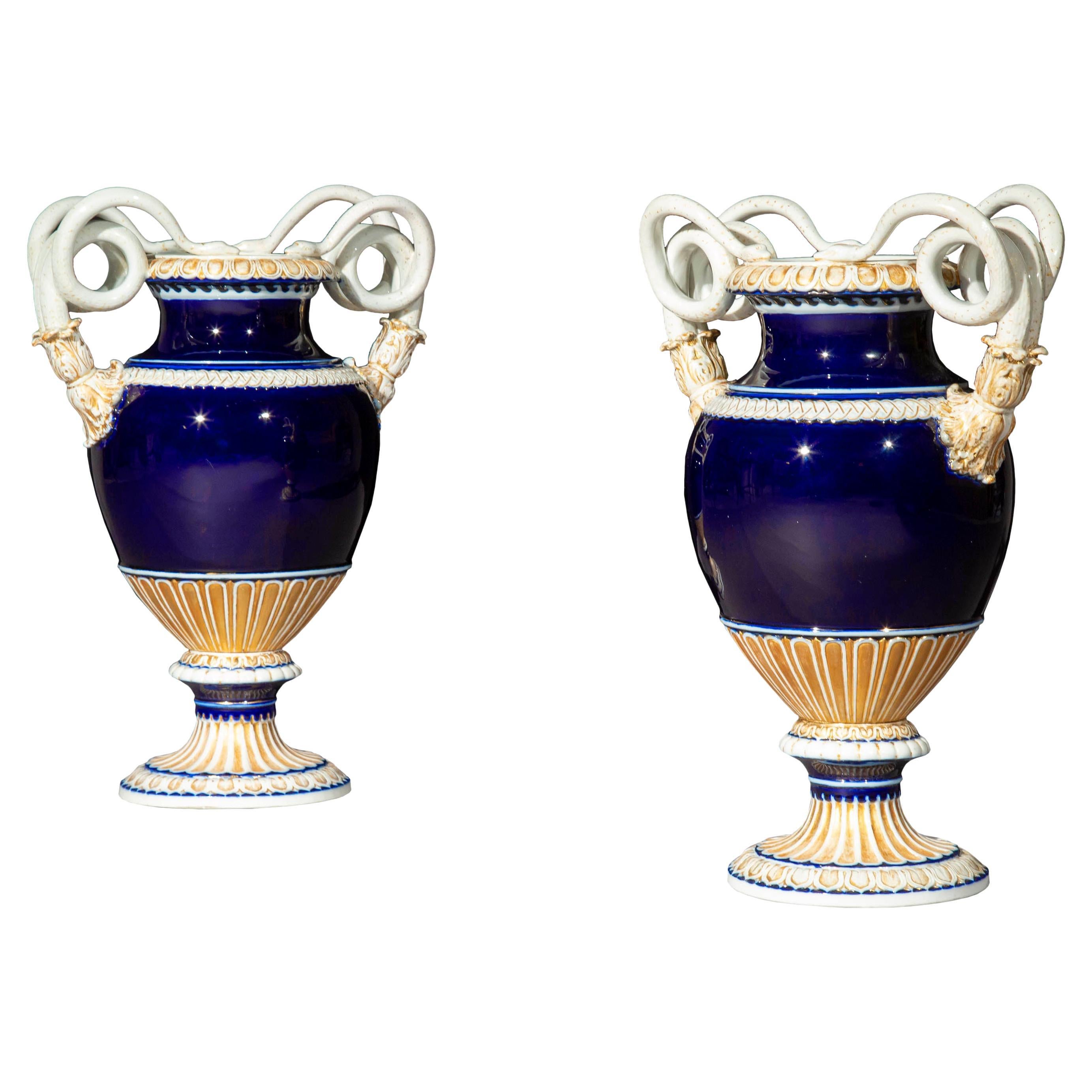 Pair of 19th Century Meissen Porcelain Serpent Vases