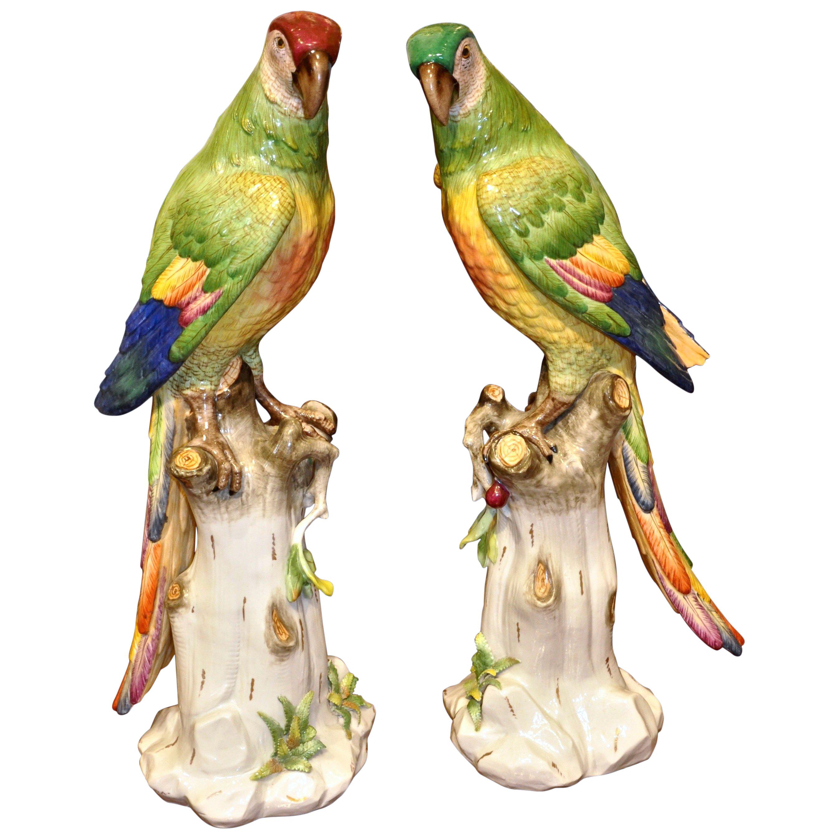 Pair of 19th Century Meissen Style Porcelain Parrots