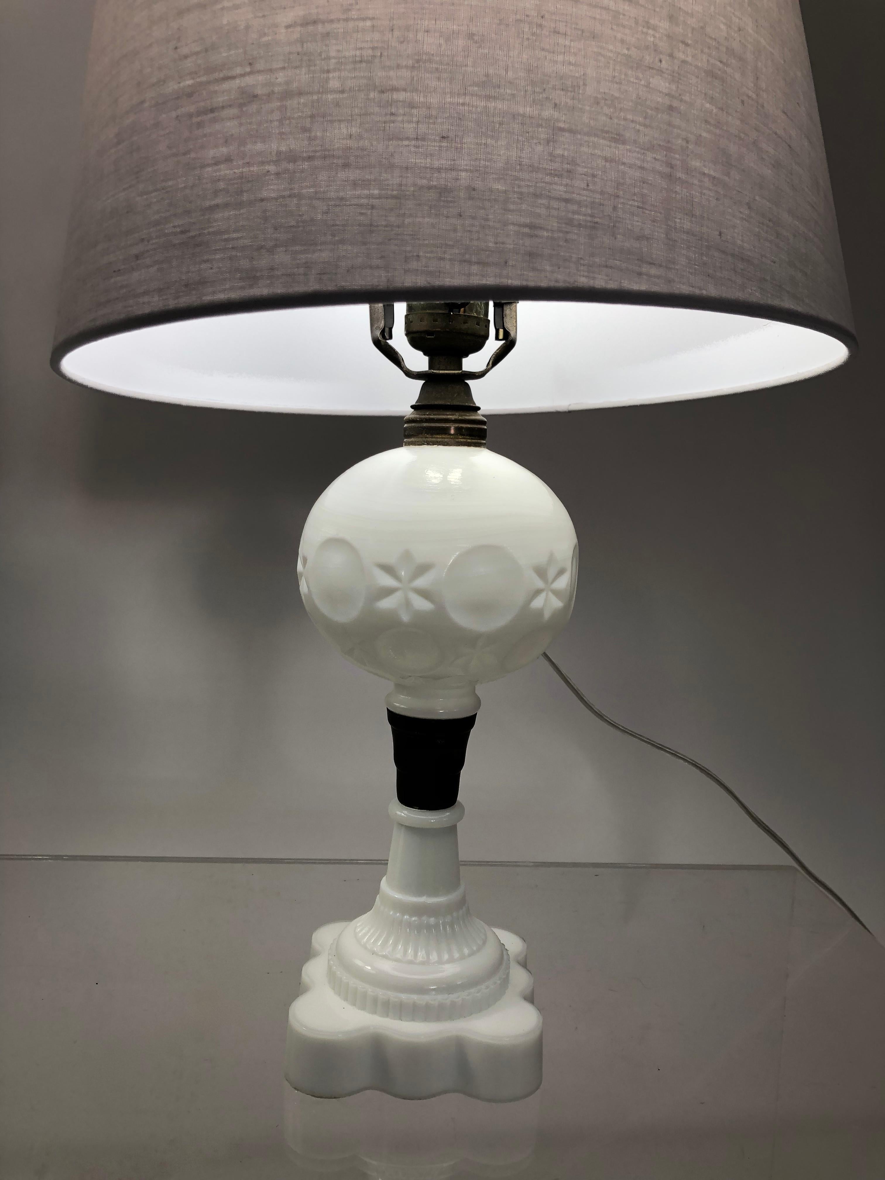 A pair of 19th century American milk glass whale oil lamps, decorated with embossed stars and circles or full moons, on fluted tapering columns and shaped square bases. New grey linen shades and white glazed pottery ball finials. Newly
