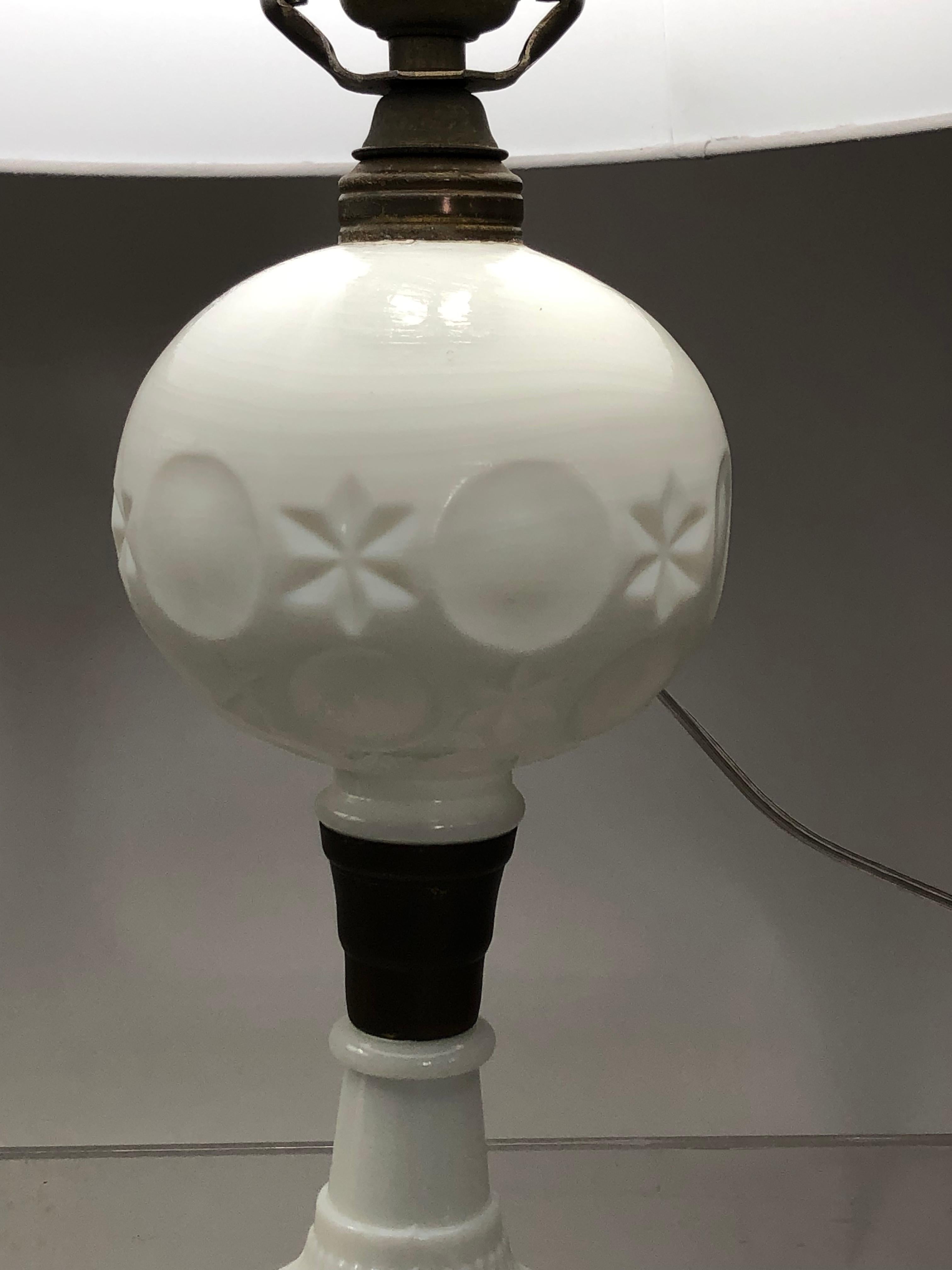 American Pair of 19th Century Milk Glass Star and Moon Electrified Whale Oil Lamps