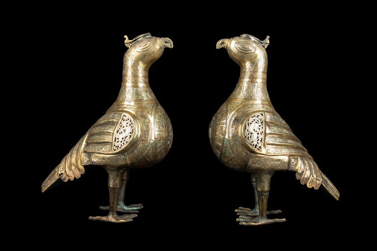 Pair of 19th Century Mixed Metal Persian Islamic 'Khorasan' Bird