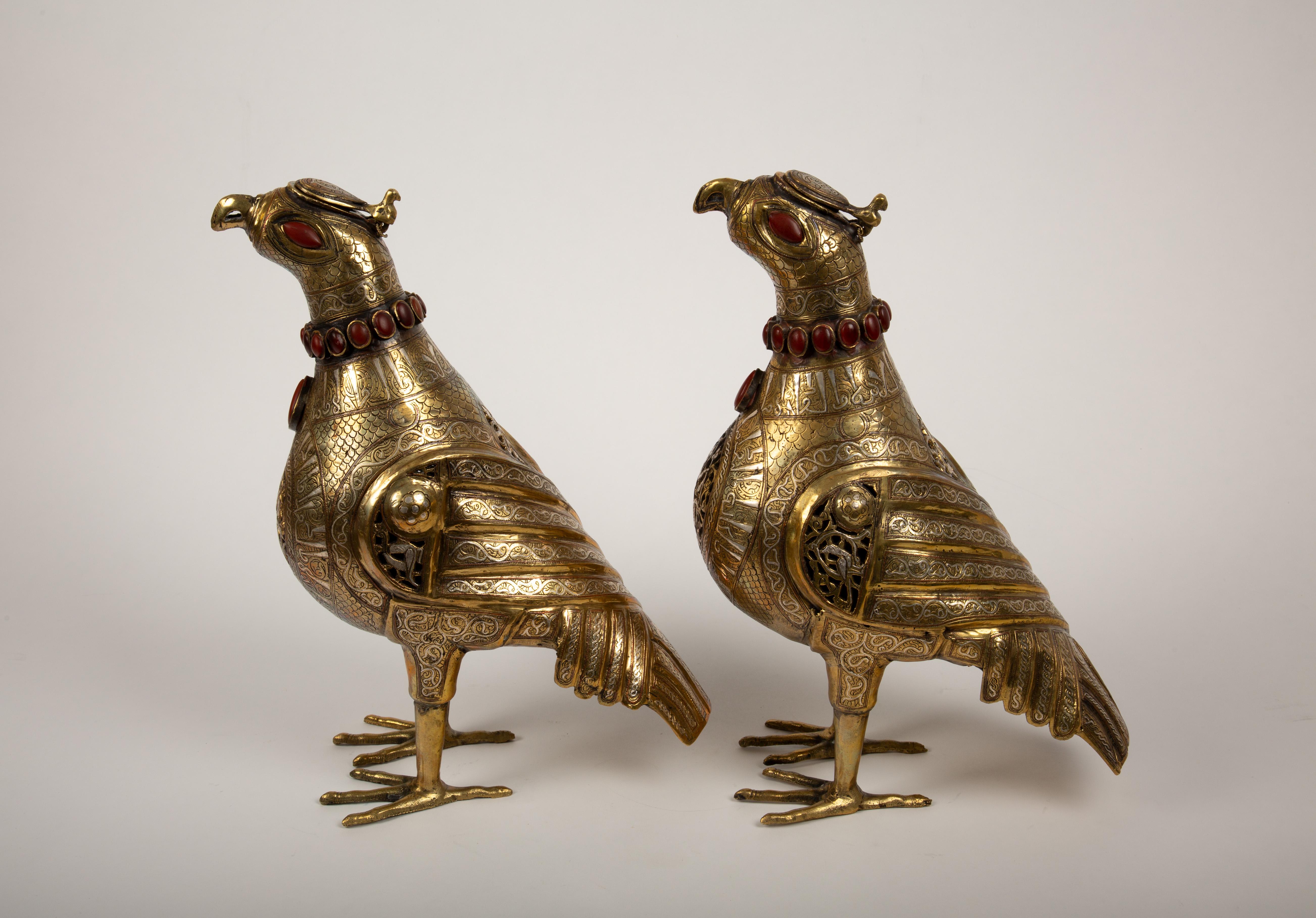 Pair of 19th Century Mixed Metal Persian Islamic 'Khorasan' Bird Incense Burners In Excellent Condition For Sale In New York, NY