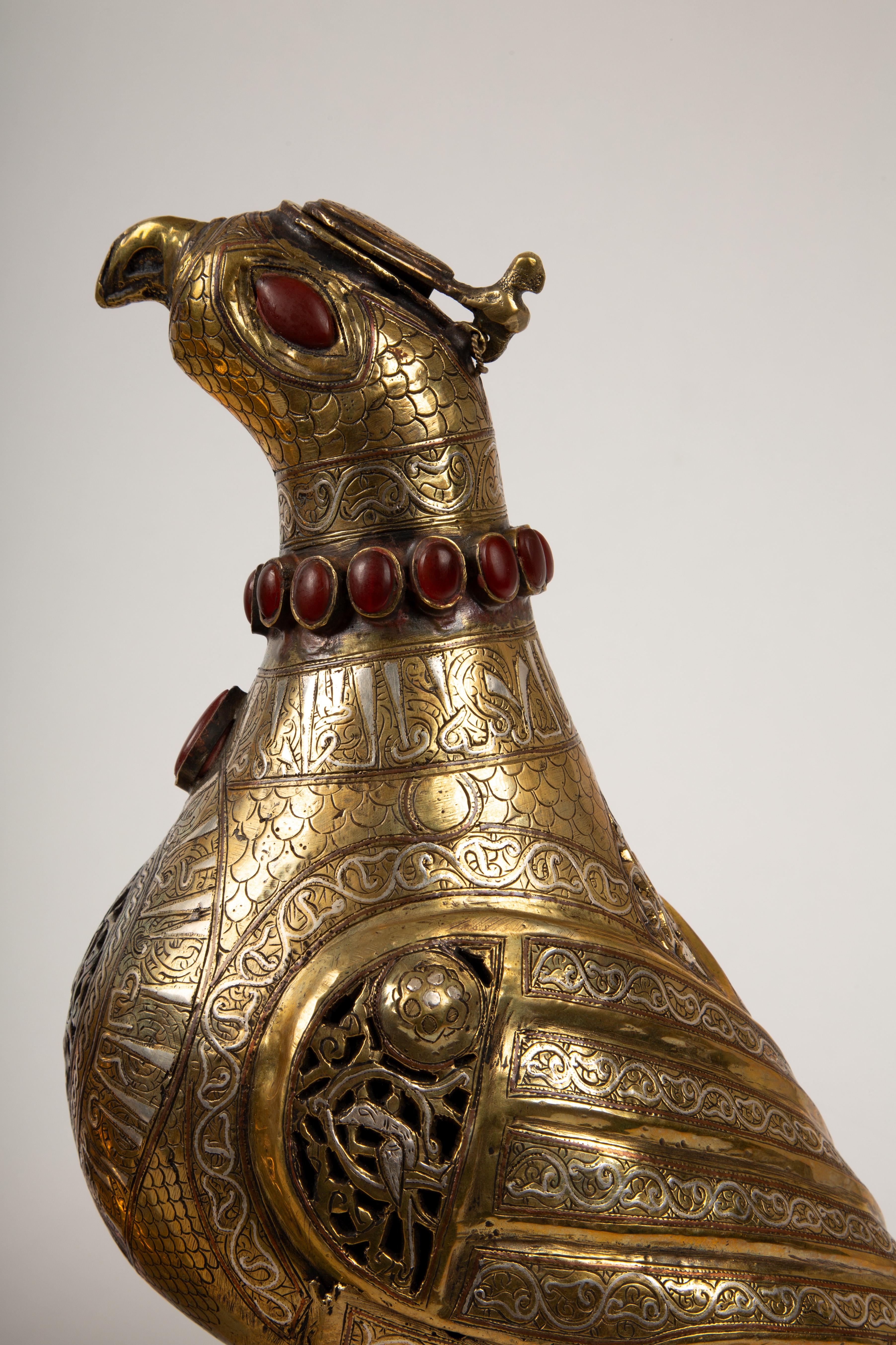 Silver Pair of 19th Century Mixed Metal Persian Islamic 'Khorasan' Bird Incense Burners For Sale