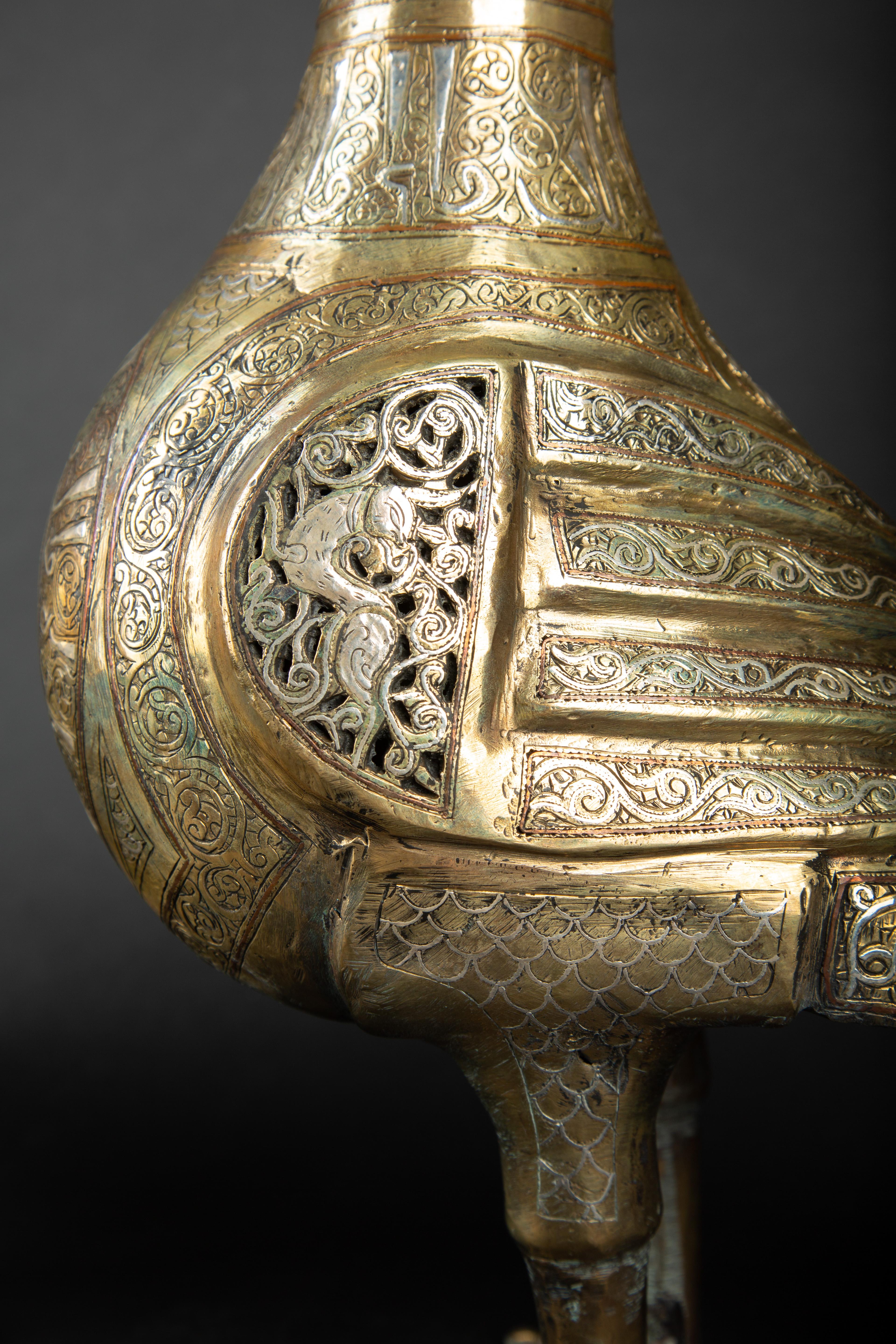 Silver Pair of 19th Century Mixed Metal Persian Islamic 'Khorasan' Bird Incense Burners